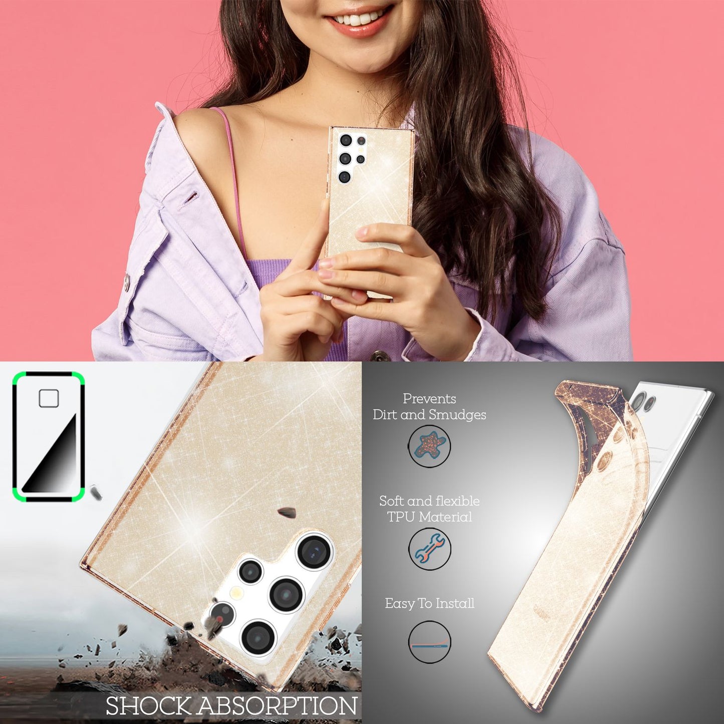 NALIA Klare Glitzerhülle für Samsung Galaxy S22 Ultra, Durchsichtig