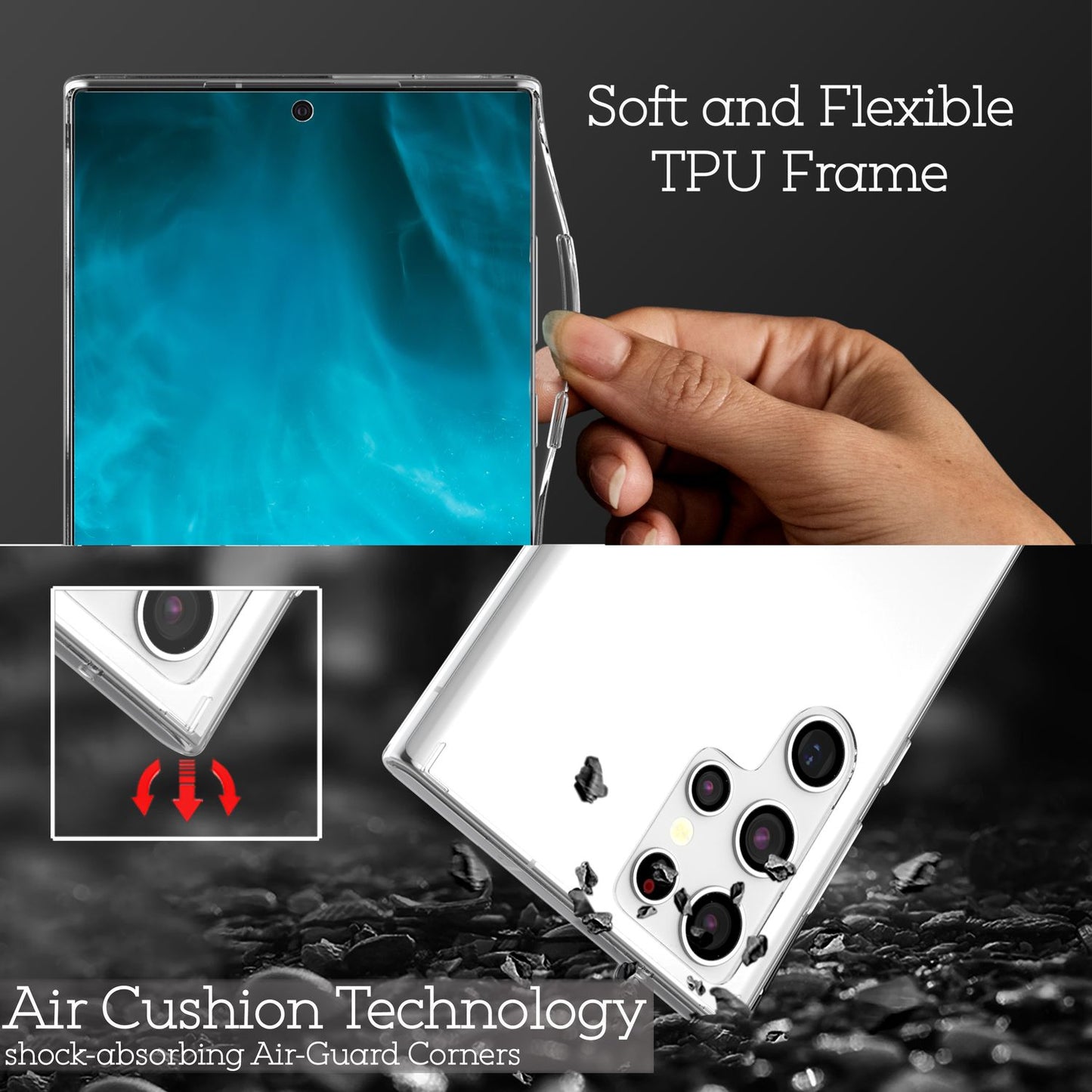 NALIA gegnsætt rispuþolið hulstur fyrir Samsung Galaxy S22 Ultra, gegnsætt, gulnunarvarna, harður bakhlið og sílikonrammi, símahulstur