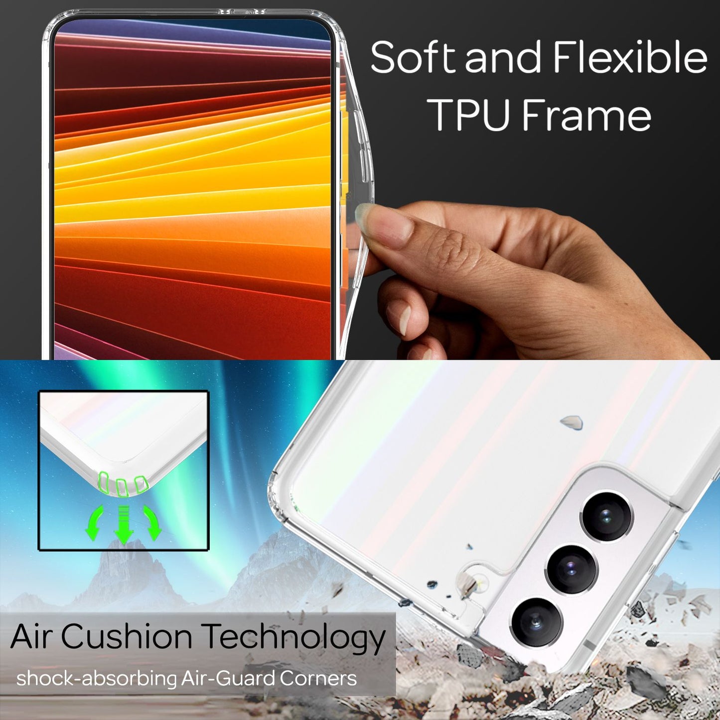 NALIA hulstur úr gegnsæju herti gleri fyrir Samsung Galaxy S22, regnbogaáferð gegnsætt, gulnandi, rispuþolið hertu gleri og sílikon stuðara, símahulstur