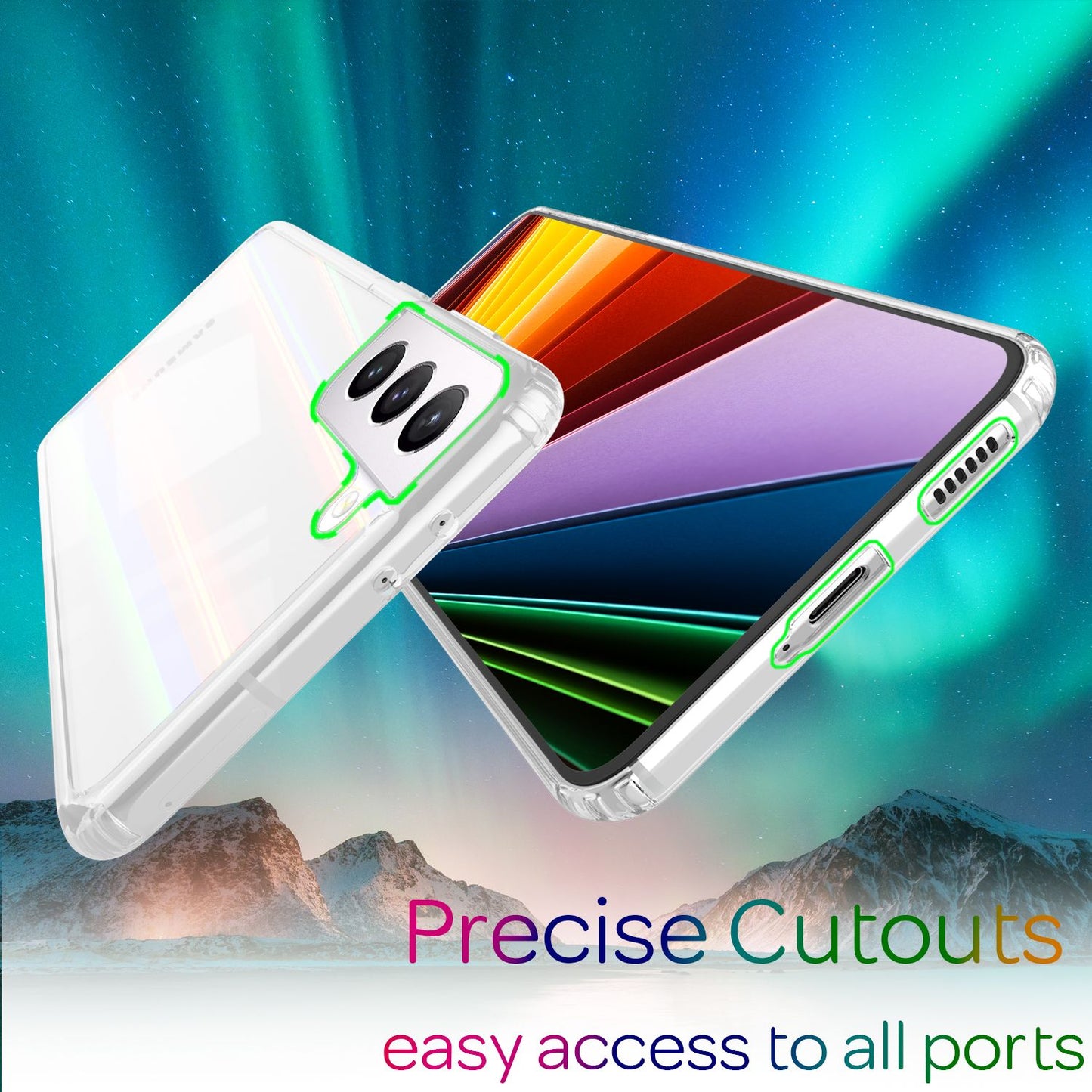 NALIA hulstur úr gegnsæju herti gleri fyrir Samsung Galaxy S22, regnbogaáferð gegnsætt, gulnandi, rispuþolið hertu gleri og sílikon stuðara, símahulstur