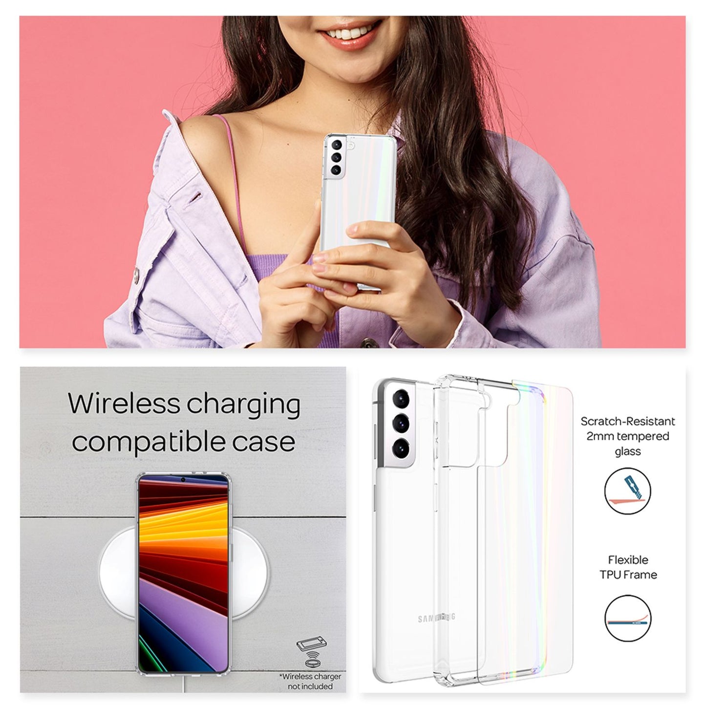 NALIA hulstur úr gegnsæju herti gleri fyrir Samsung Galaxy S22 Plus, regnbogaáferð gegnsætt, gulnandi hert gler og sílikon stuðari, símahulstur