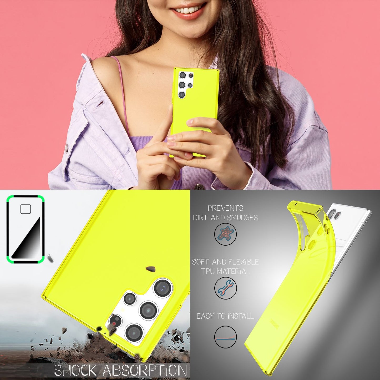 NALIA Clear Neon Phone Case for Samsung Galaxy S22 Ultra, Transparent, Colorful, Luminous, Slim Protective Cover