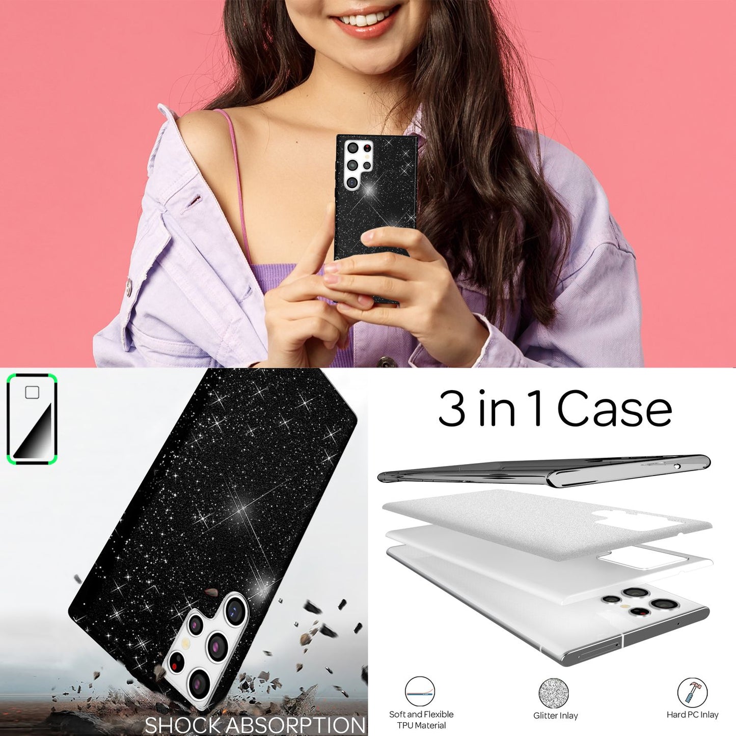 NALIA Robust Glitter Case for Samsung Galaxy S22 Ultra, Shiny Glitter Hybrid Protective Case, Reinforced Silicone Case