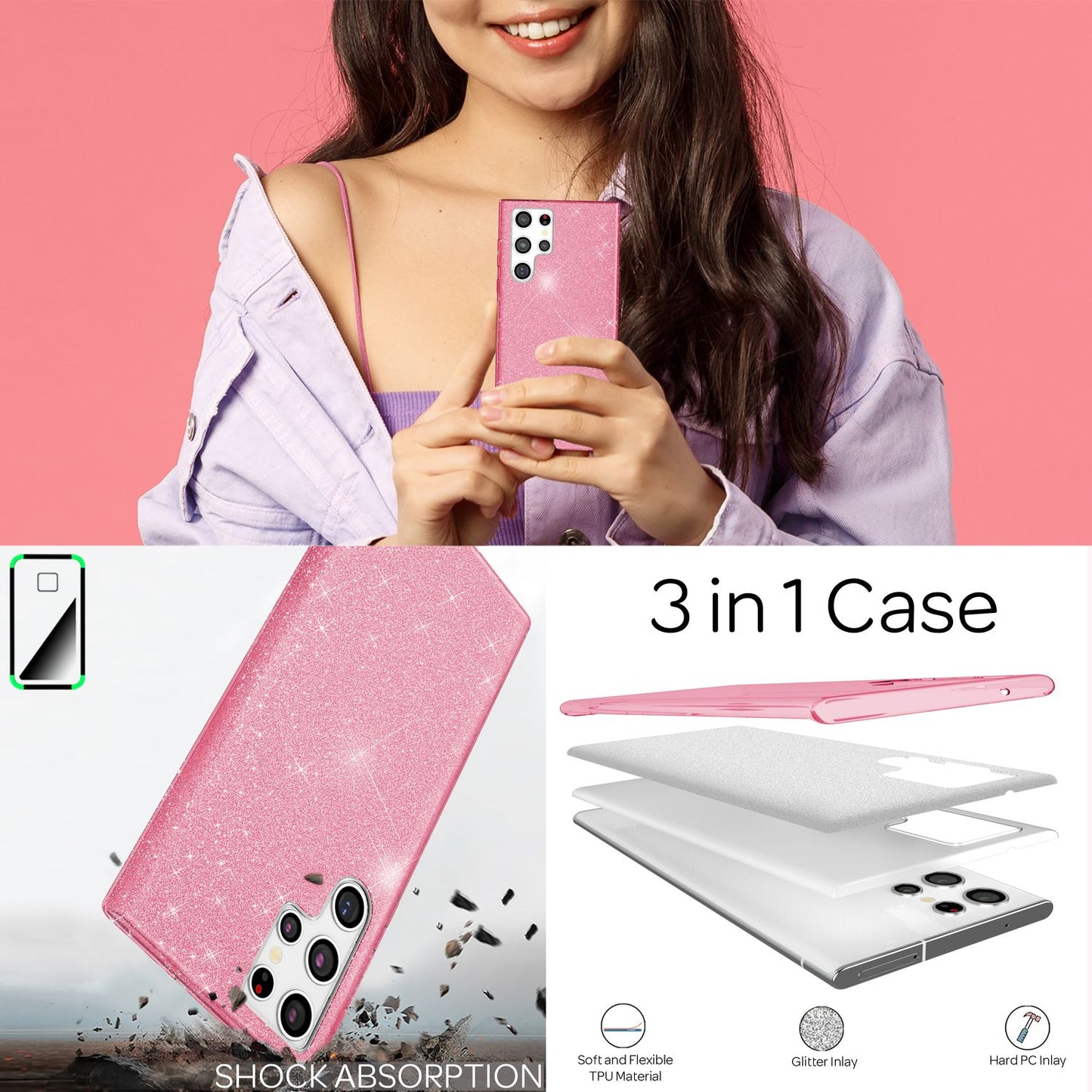 NALIA Robust Glitter Case for Samsung Galaxy S22 Ultra, Shiny Glitter Hybrid Protective Case, Reinforced Silicone Case