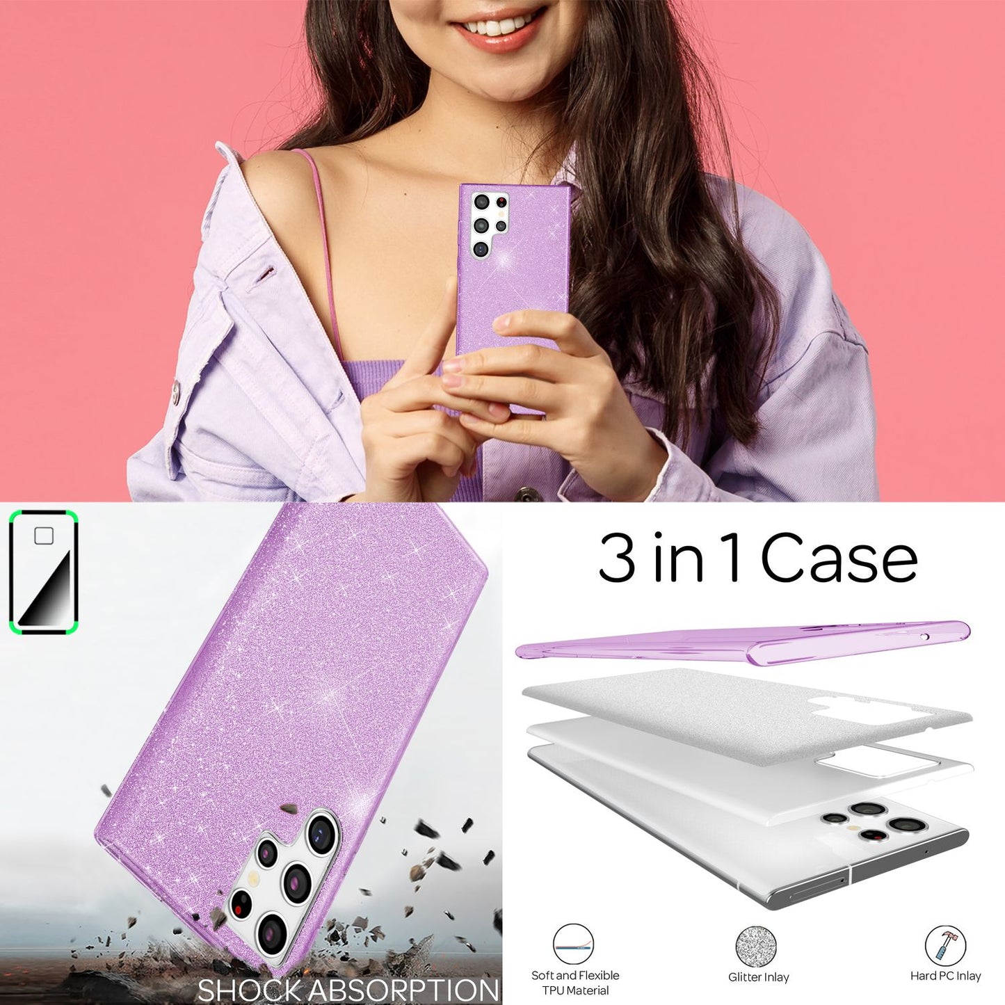 NALIA Robust Glitter Case for Samsung Galaxy S22 Ultra, Shiny Glitter Hybrid Protective Case, Reinforced Silicone Case