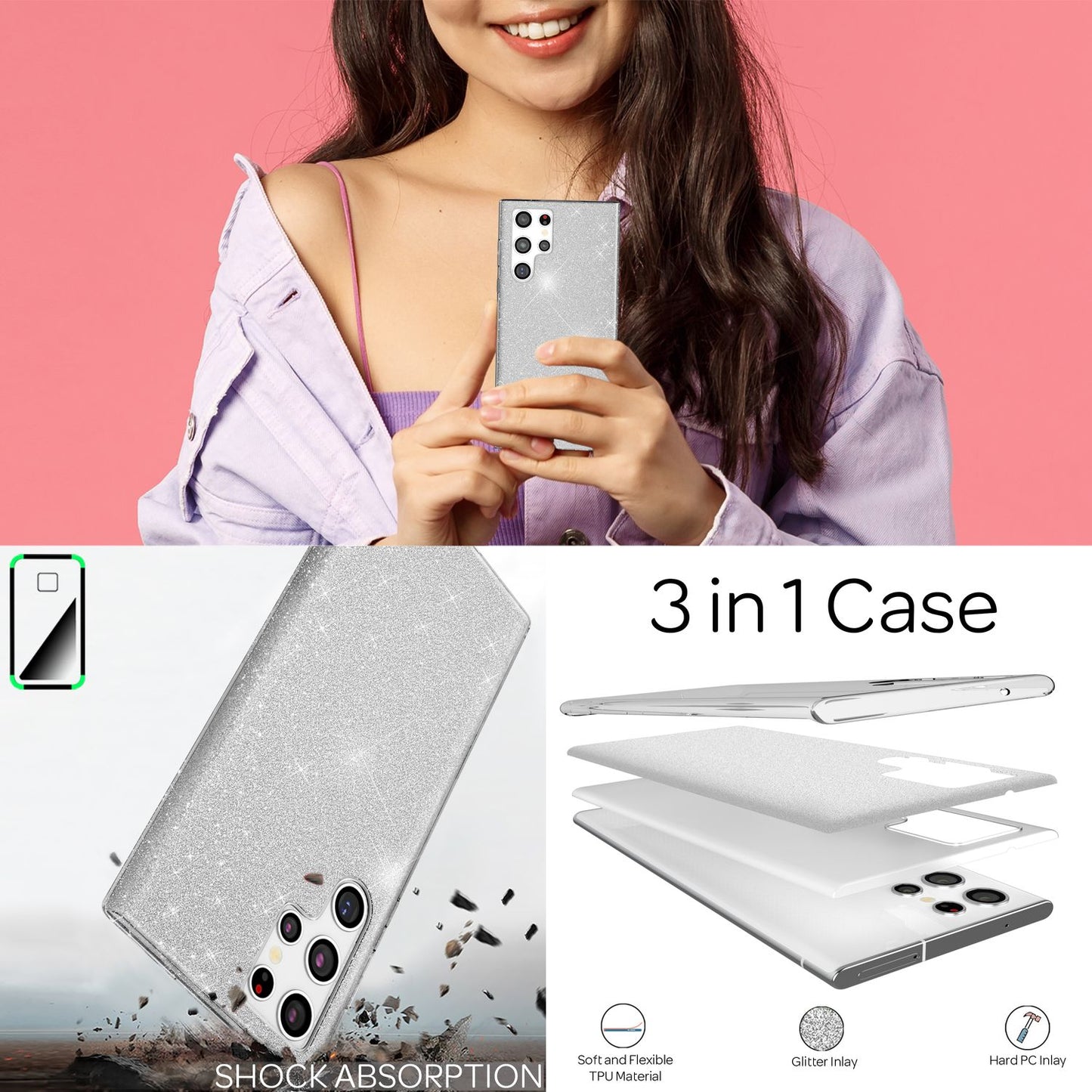 NALIA Robust Glitter Case for Samsung Galaxy S22 Ultra, Shiny Glitter Hybrid Protective Case, Reinforced Silicone Case