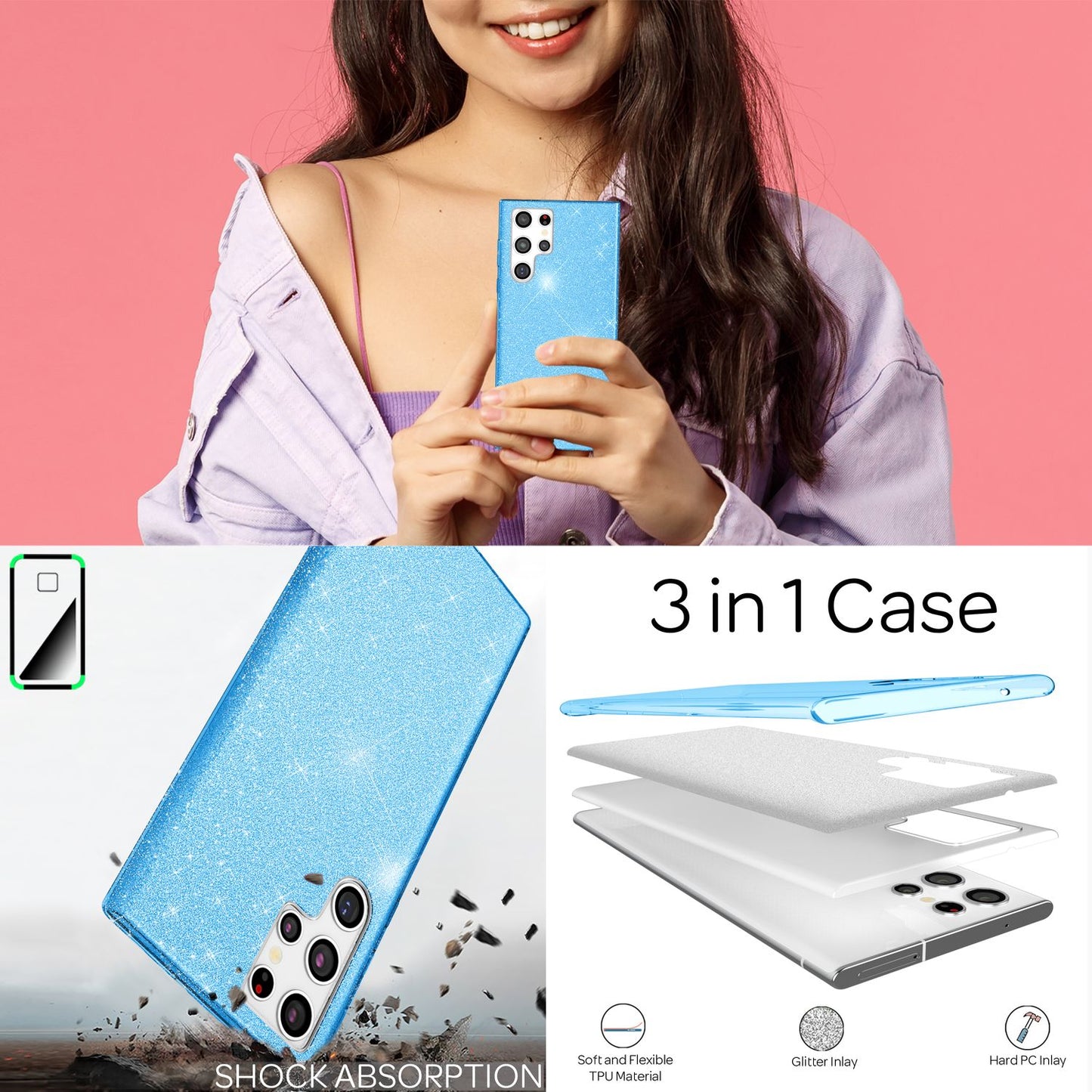 NALIA Robust Glitter Case for Samsung Galaxy S22 Ultra, Shiny Glitter Hybrid Protective Case, Reinforced Silicone Case