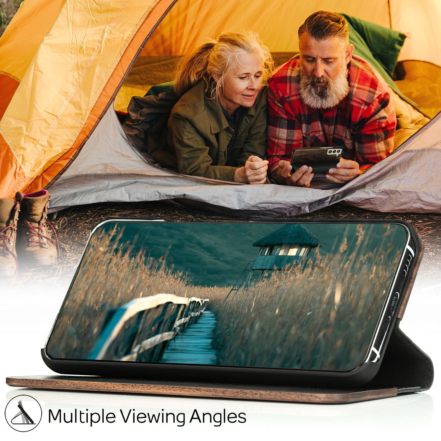 NALIA hulstur úr ekta tré fyrir Samsung Galaxy S22, FSC-vottað hulstur úr náttúrulegu tré með standi og kortarauf, úrvals hulstur úr tré með veski og alhliða vörn fyrir síma - valhnetu