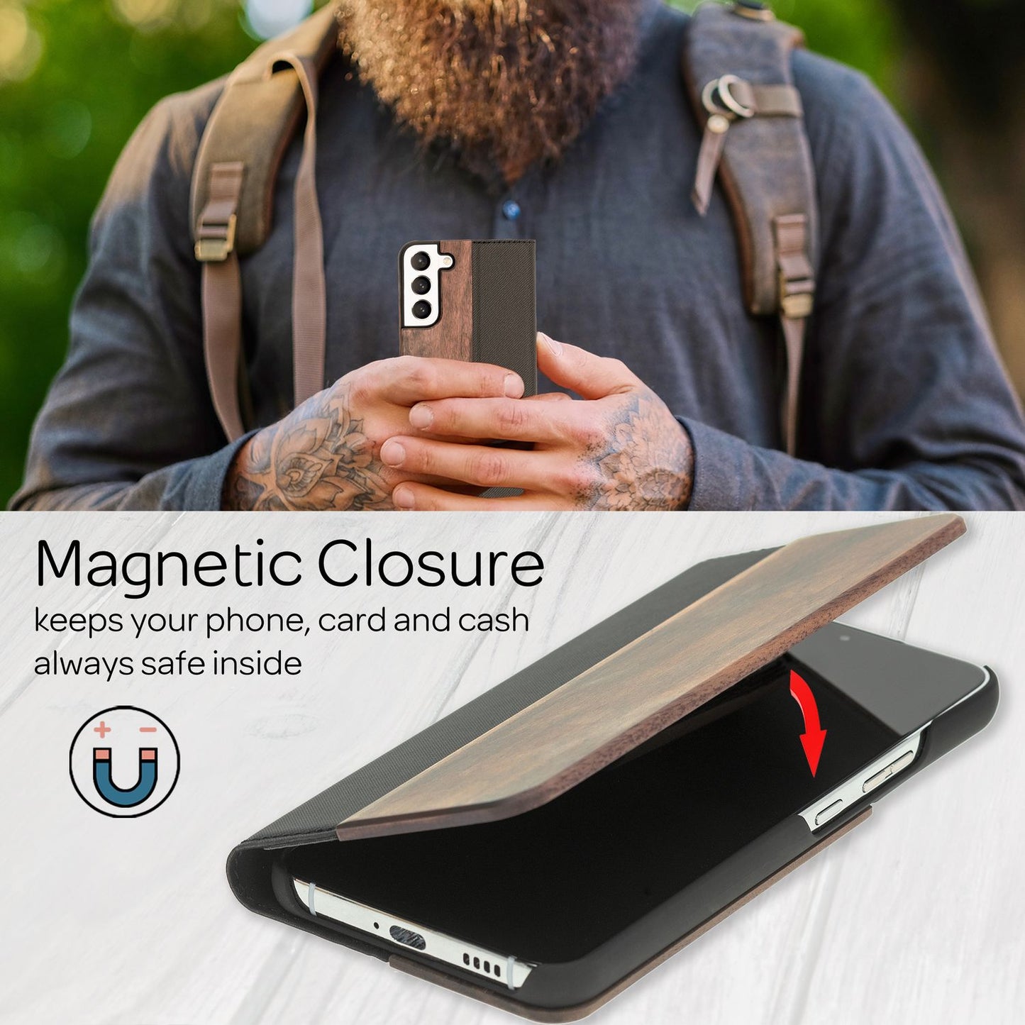 NALIA hulstur úr viði fyrir Samsung Galaxy S22 Plus, hulstur úr viði með standi og kortarauf - valhnetu
