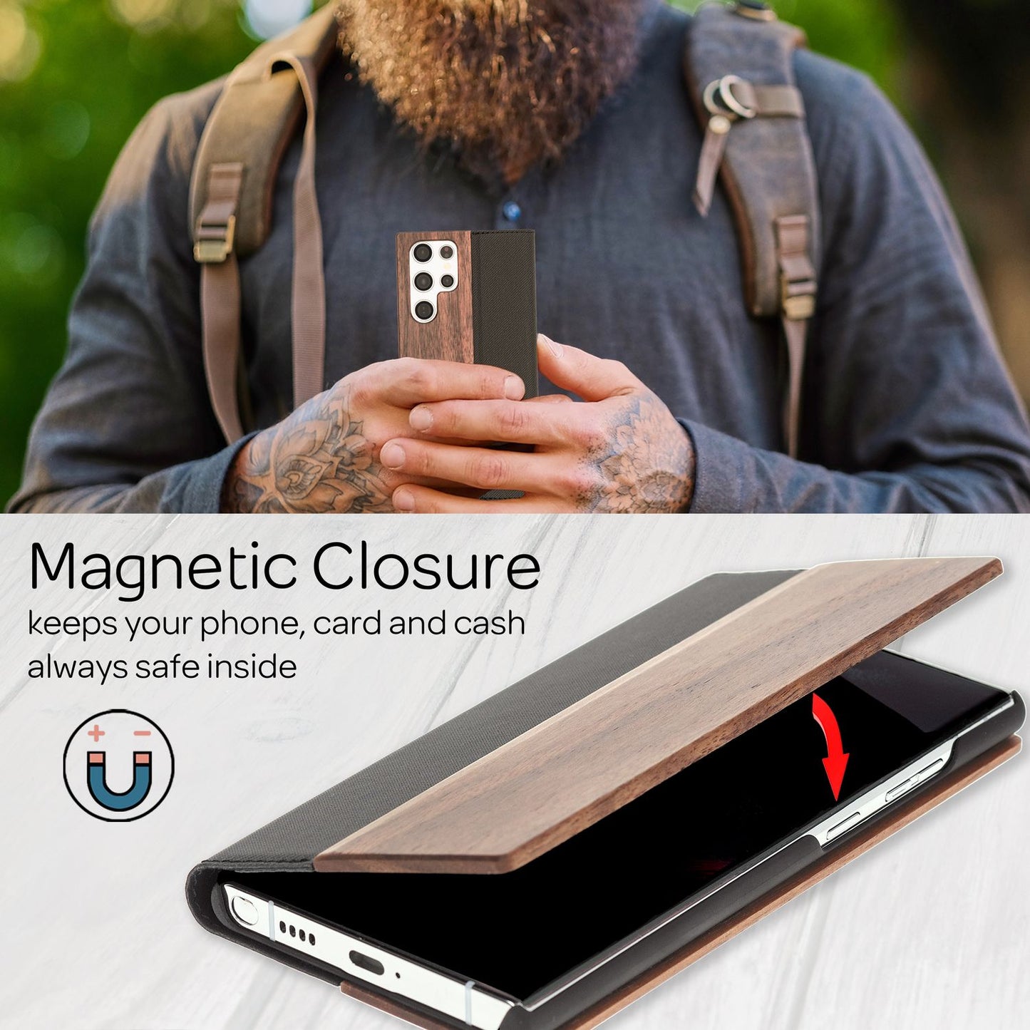 NALIA hulstur úr ekta tré fyrir Samsung Galaxy S22 Ultra, FSC-vottað hulstur úr náttúrulegu tré með standi og kortarauf, úrvals hulstur úr tré, veski sem verndar allan hringinn, símahulstur - valhneta