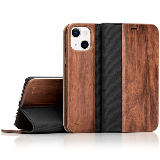Echt-Holz Flipcase für iPhone 13 Mini, Natur Holzhülle mit Standfunktion & Kartenfach, Rundumschutz Hülle Etui - Walnuss