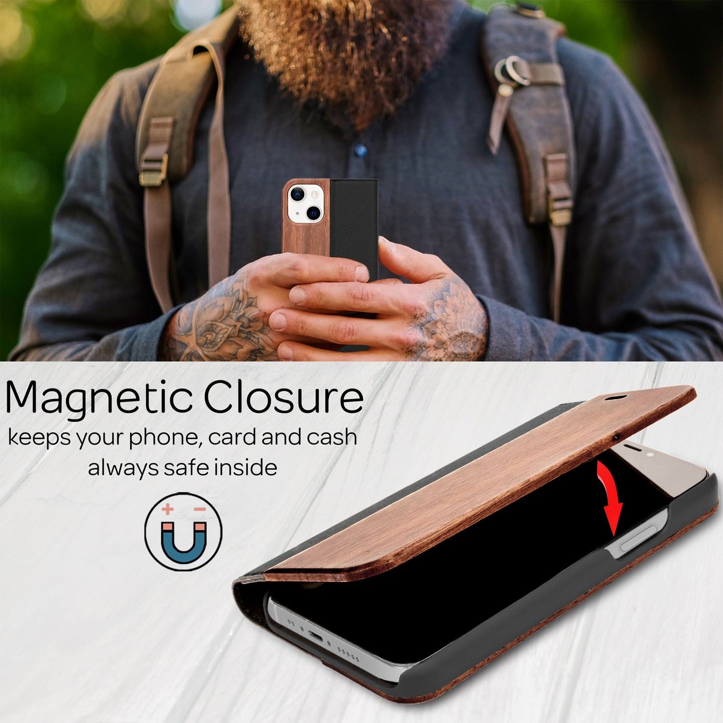 Echt-Holz Flipcase für iPhone 13 Mini, Natur Holzhülle mit Standfunktion & Kartenfach, Rundumschutz Hülle Etui - Walnuss