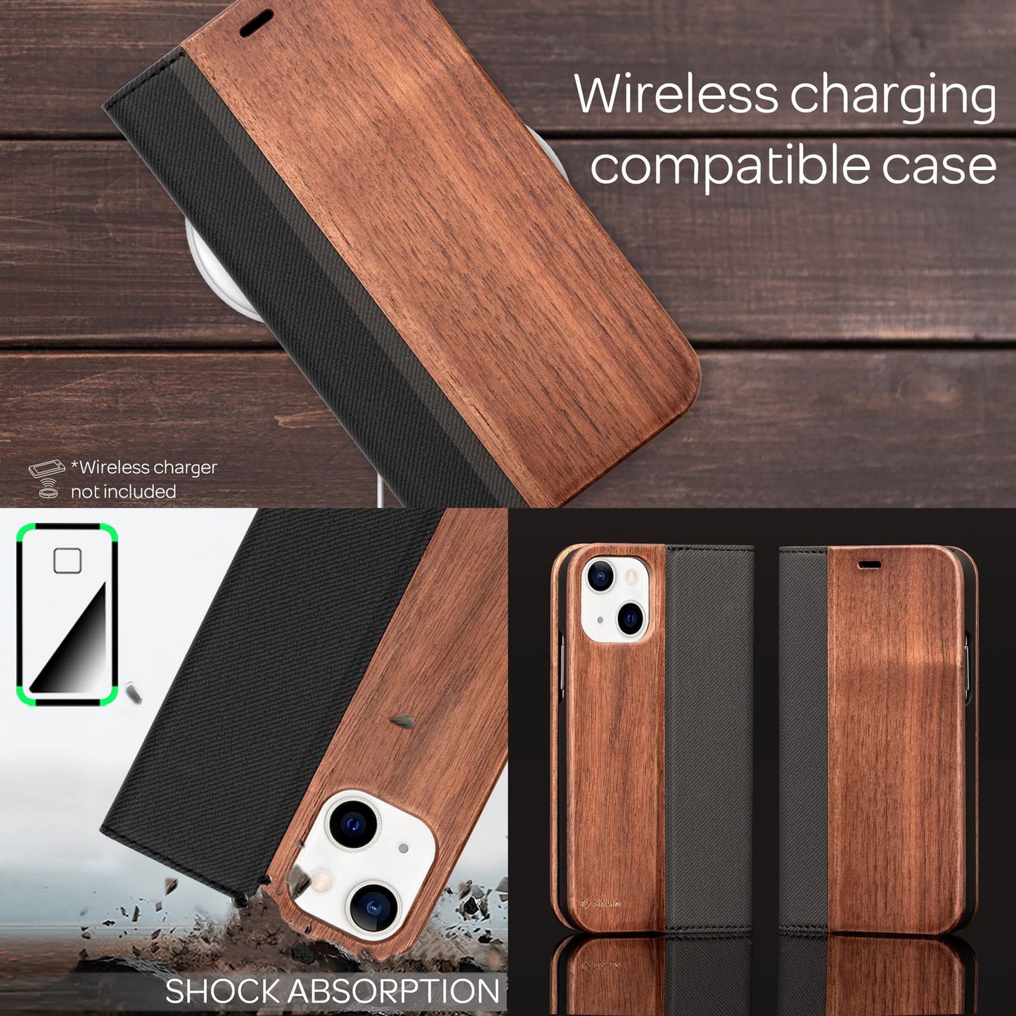 Echt-Holz Flipcase für iPhone 13 Mini, Natur Holzhülle mit Standfunktion & Kartenfach, Rundumschutz Hülle Etui - Walnuss