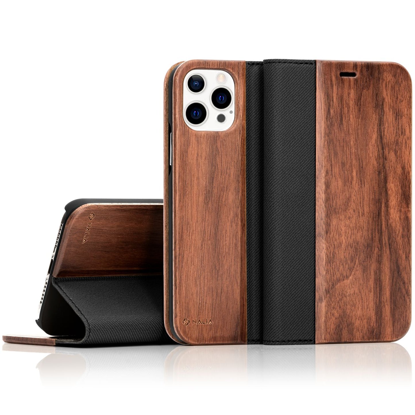 NALIA Echt-Holz Flipcase für iPhone 13 Pro Max, Natur Holzhülle mit Standfunktion & Kartenfach, Wood Case - Walnuss