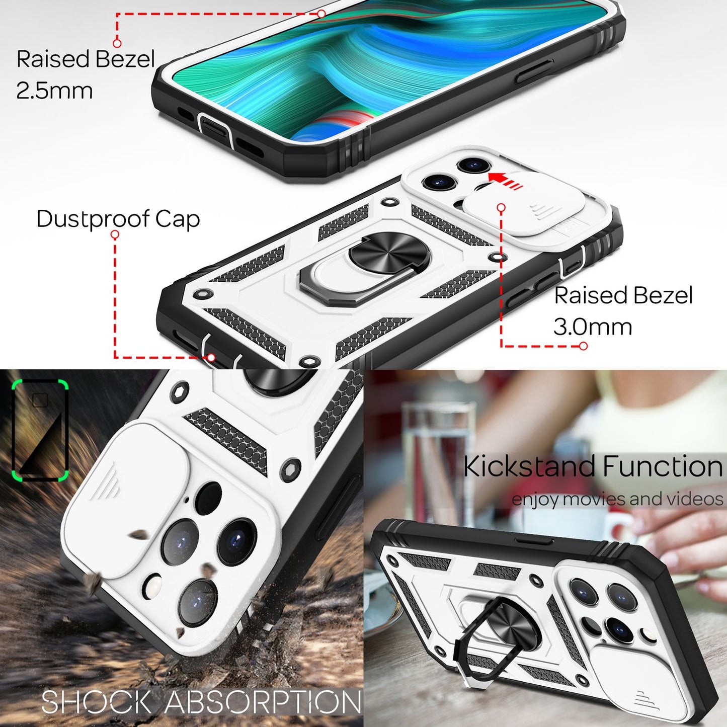 NALIA hernaðarstíls hringhulstur fyrir iPhone 13 Pro, einstaklega verndandi með skjáramma og myndavélarhulstri, 360° hringur fyrir stand og bílfestingu