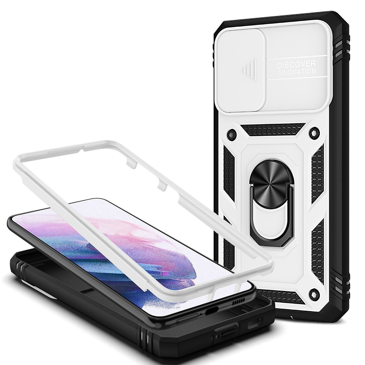 NALIA Military-Style Ring Case for Samsung Galaxy S21, Extremely Protective with Display Frame &amp; Camera Cover