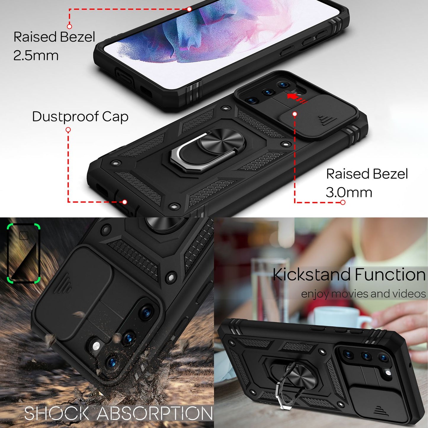 NALIA Military-Style Ring Case for Samsung Galaxy S21, Extremely Protective with Display Frame &amp; Camera Cover
