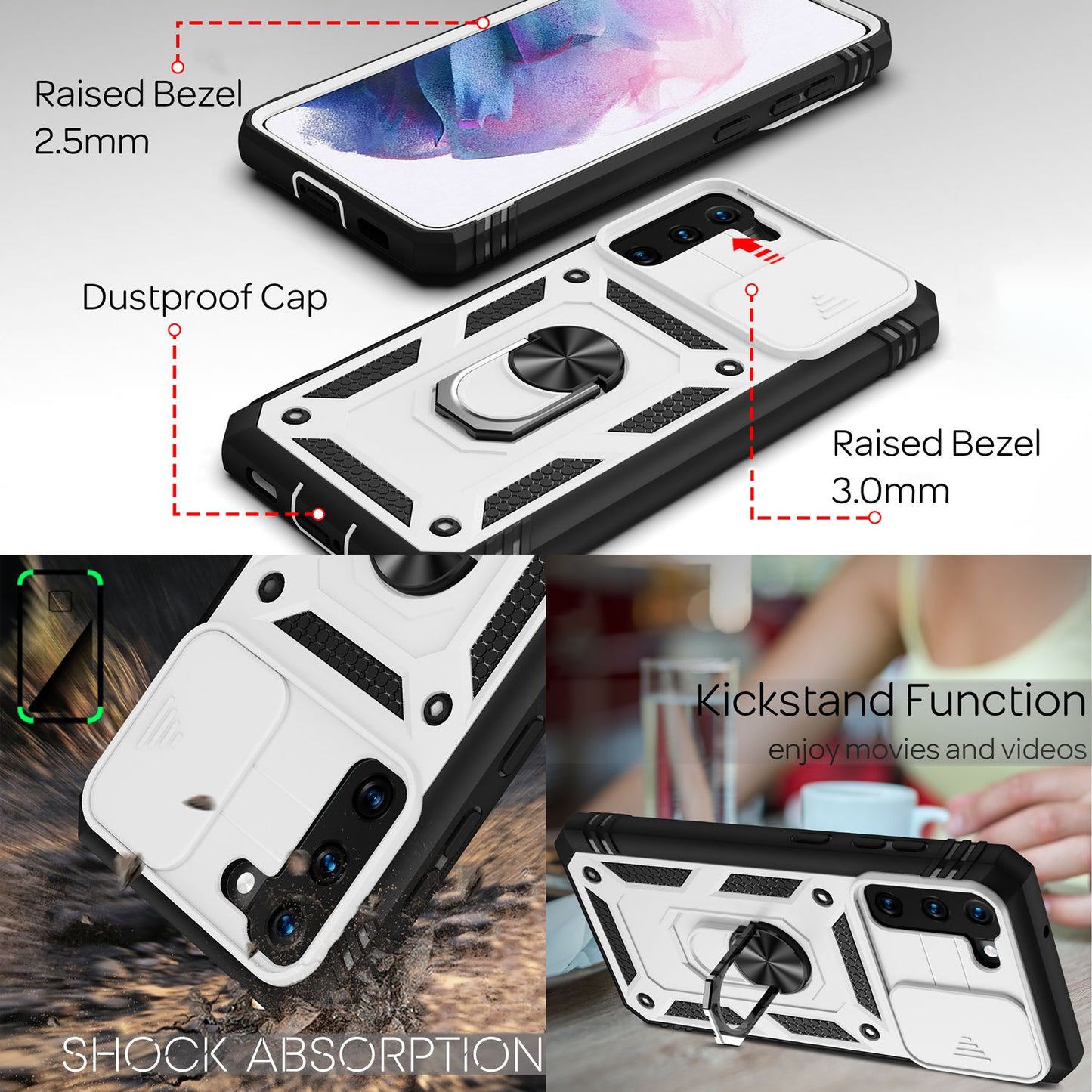 NALIA Military-Style Ring Case for Samsung Galaxy S21, Extremely Protective with Display Frame &amp; Camera Cover