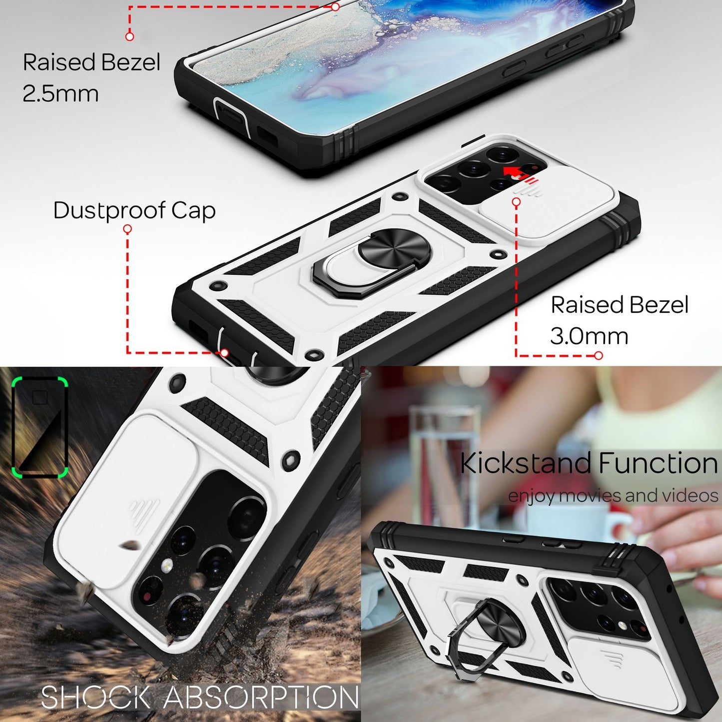 NALIA Military-Style Ring Case for Samsung Galaxy S21 Ultra, Extremely Protective with Display Frame &amp; Camera Cover, 360° Ring for Stand Function