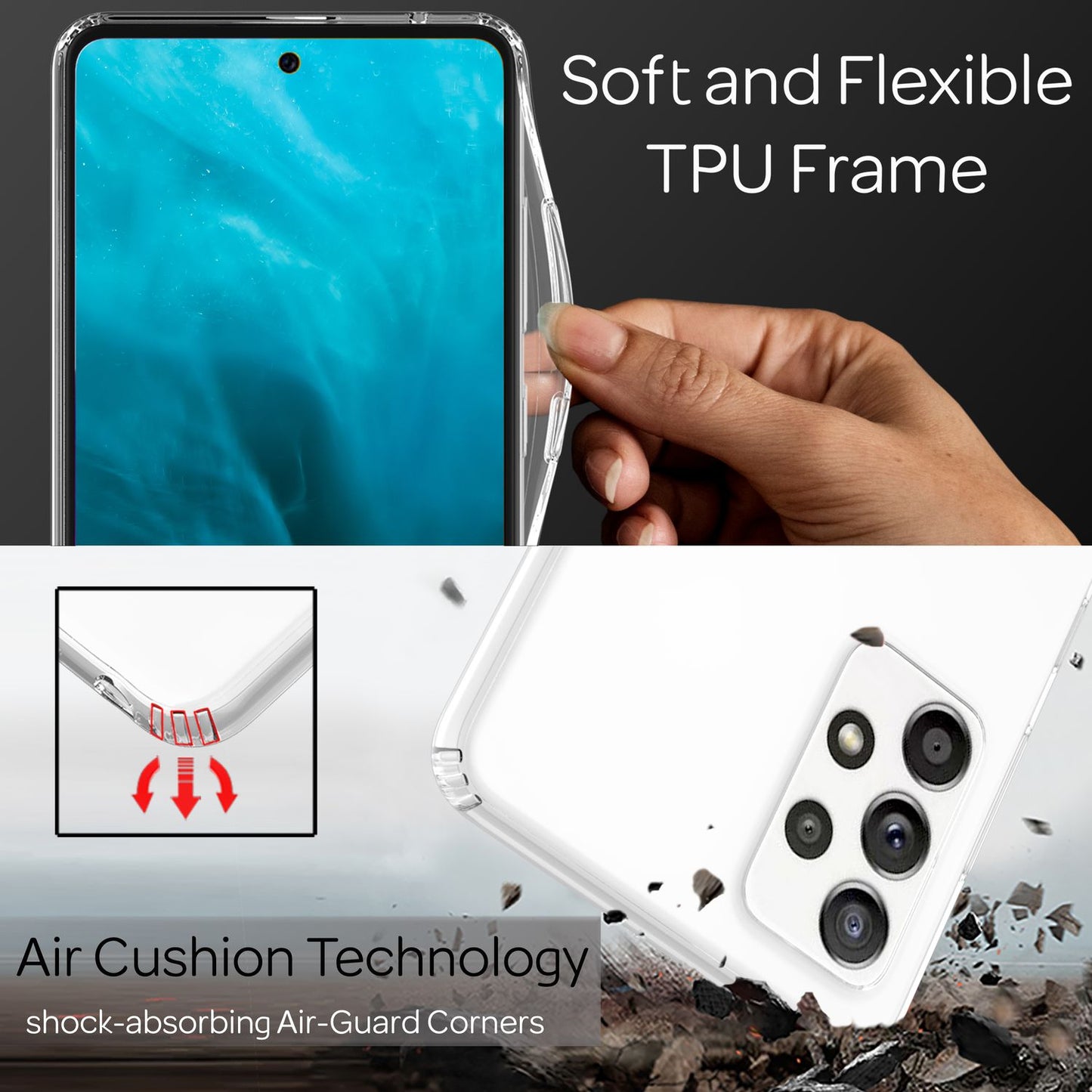 Clear scratch-resistant case for Samsung Galaxy A53, transparent anti-yellowing, shockproof hard back &amp; silicone frame, hybrid phone case, protective cover.