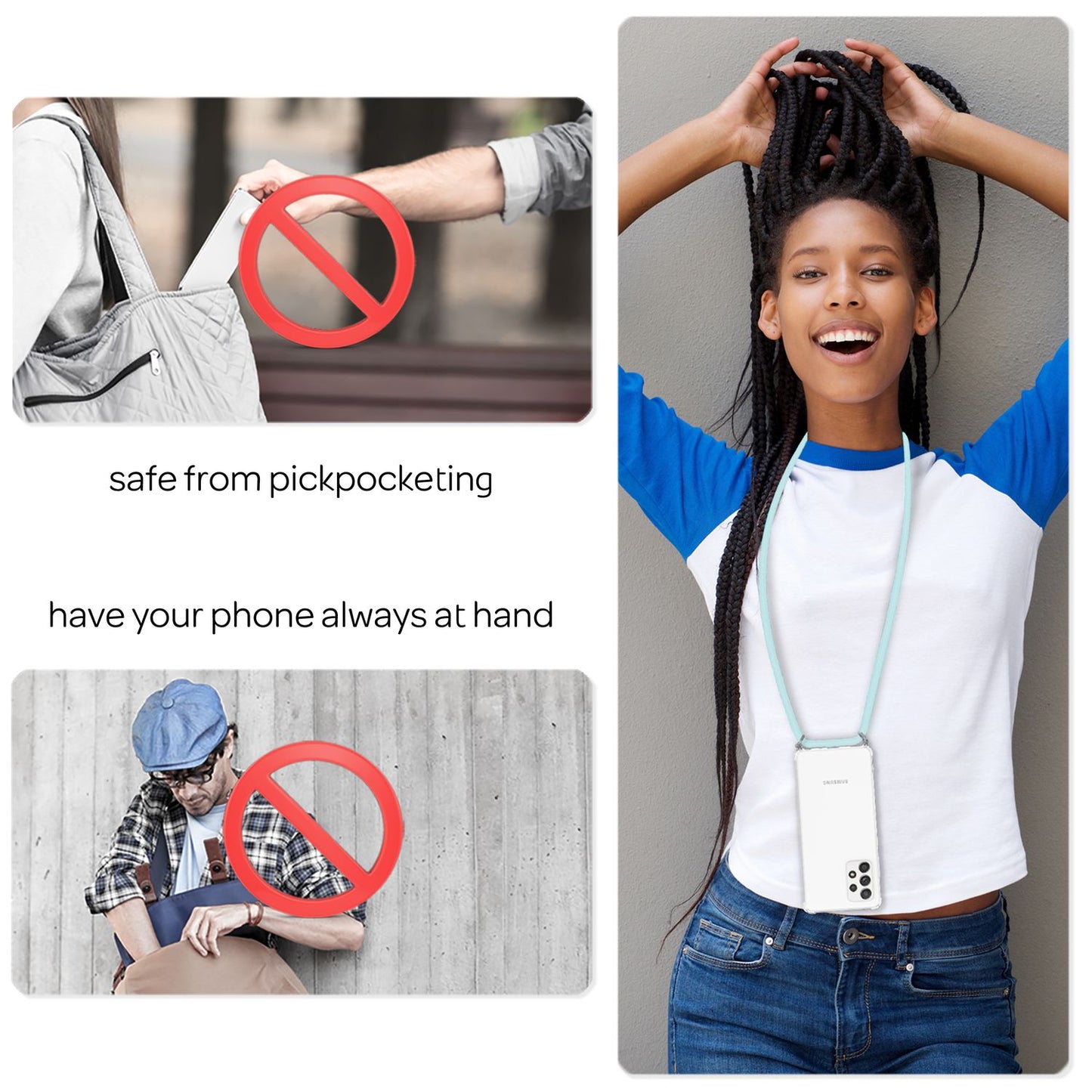 NALIA símahulstur með keðju fyrir Samsung Galaxy A53, gegnsætt hlífðarhulstur og hálsól til að bera um hálsinn, sterkt, gulnar ekki, gegnsætt, hart hulstur og sílikonrammi