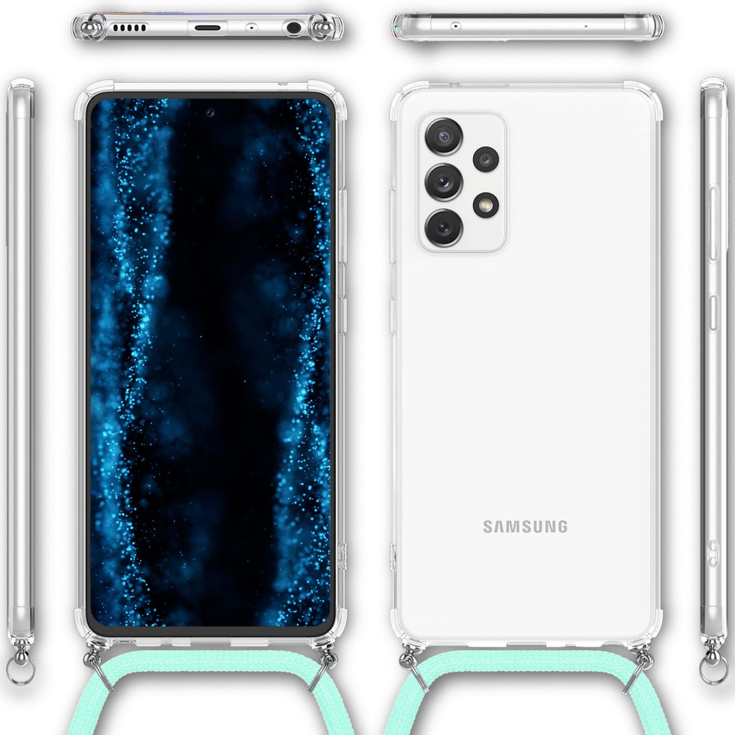 NALIA símahulstur með keðju fyrir Samsung Galaxy A53, gegnsætt hlífðarhulstur og hálsól til að bera um hálsinn, sterkt, gulnar ekki, gegnsætt, hart hulstur og sílikonrammi