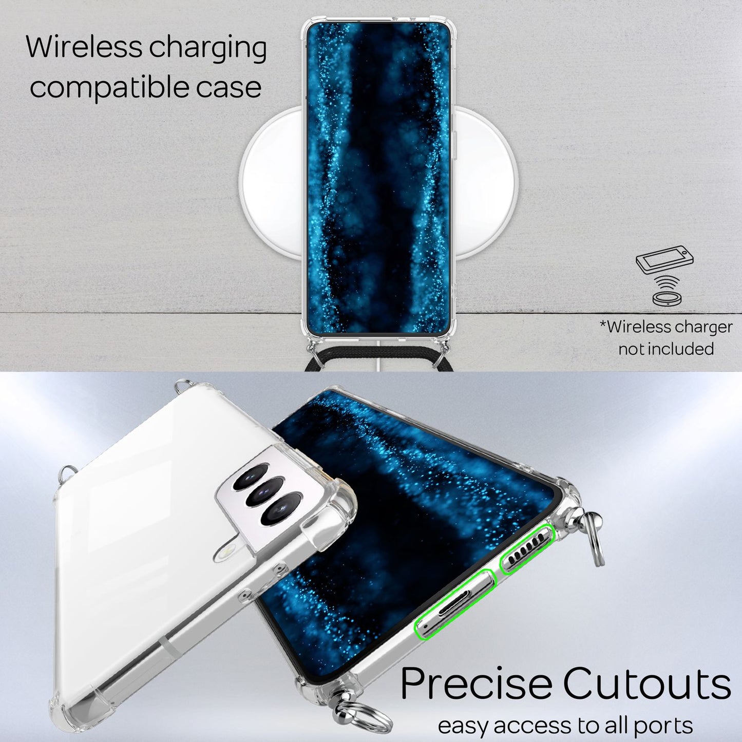 NALIA Phone Case with Chain for Samsung Galaxy S22, Transparent Clear Protective Case &amp; Phone Cord for Wearing Around Your Neck