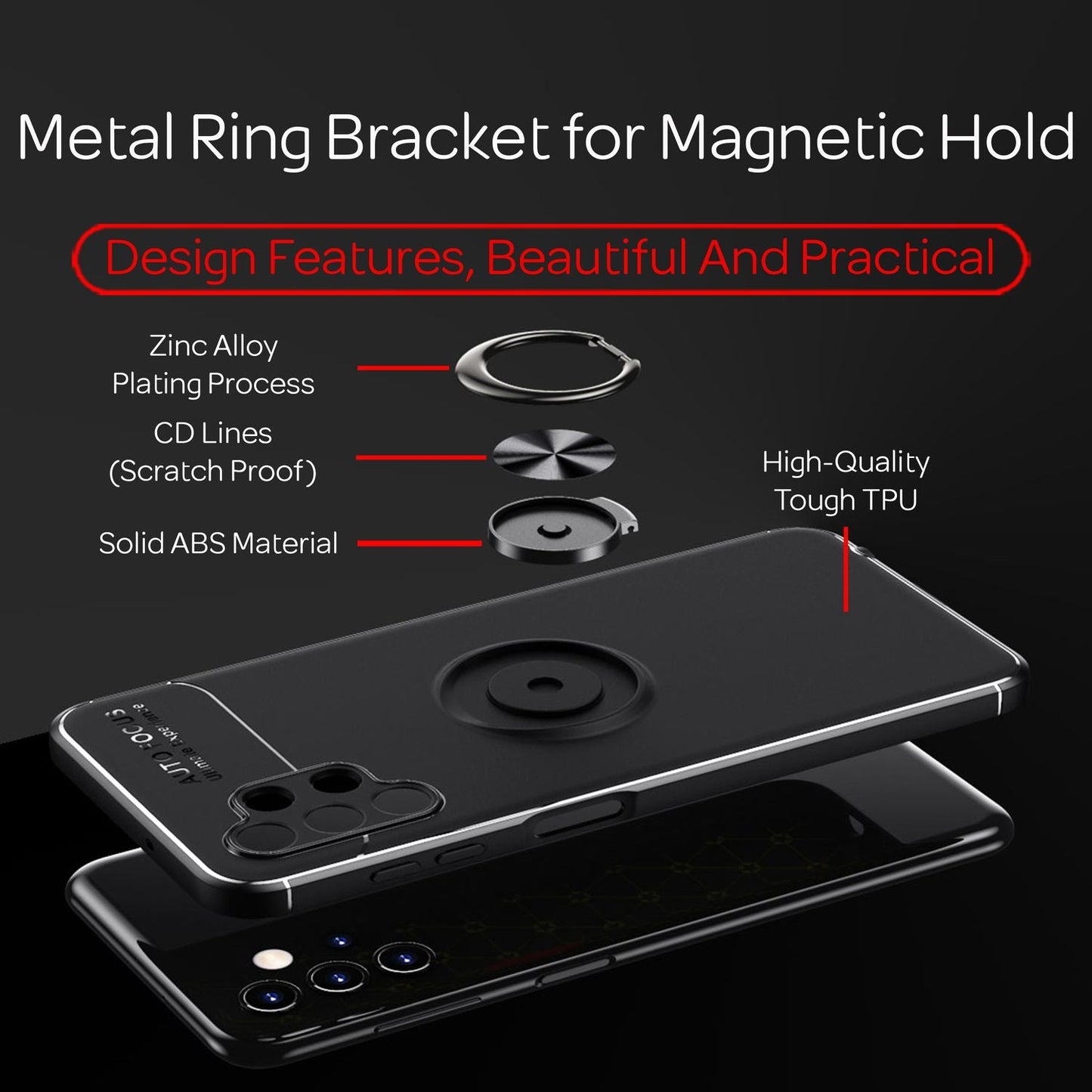 For Samsung Galaxy A13 - Matte Black Ring Case with Stand Function