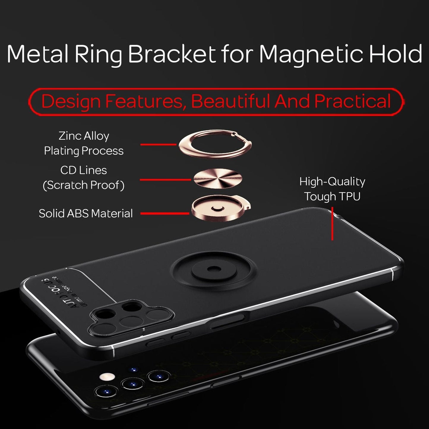 For Samsung Galaxy A13 - Matte Black Ring Case with Stand Function