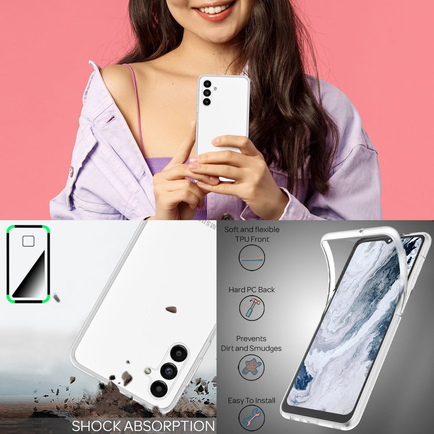 Hulstur fyrir Samsung Galaxy A13 5G 360° hlífðarhulstur með gegnsæju, fullu hlífðargleri og skjávörn.