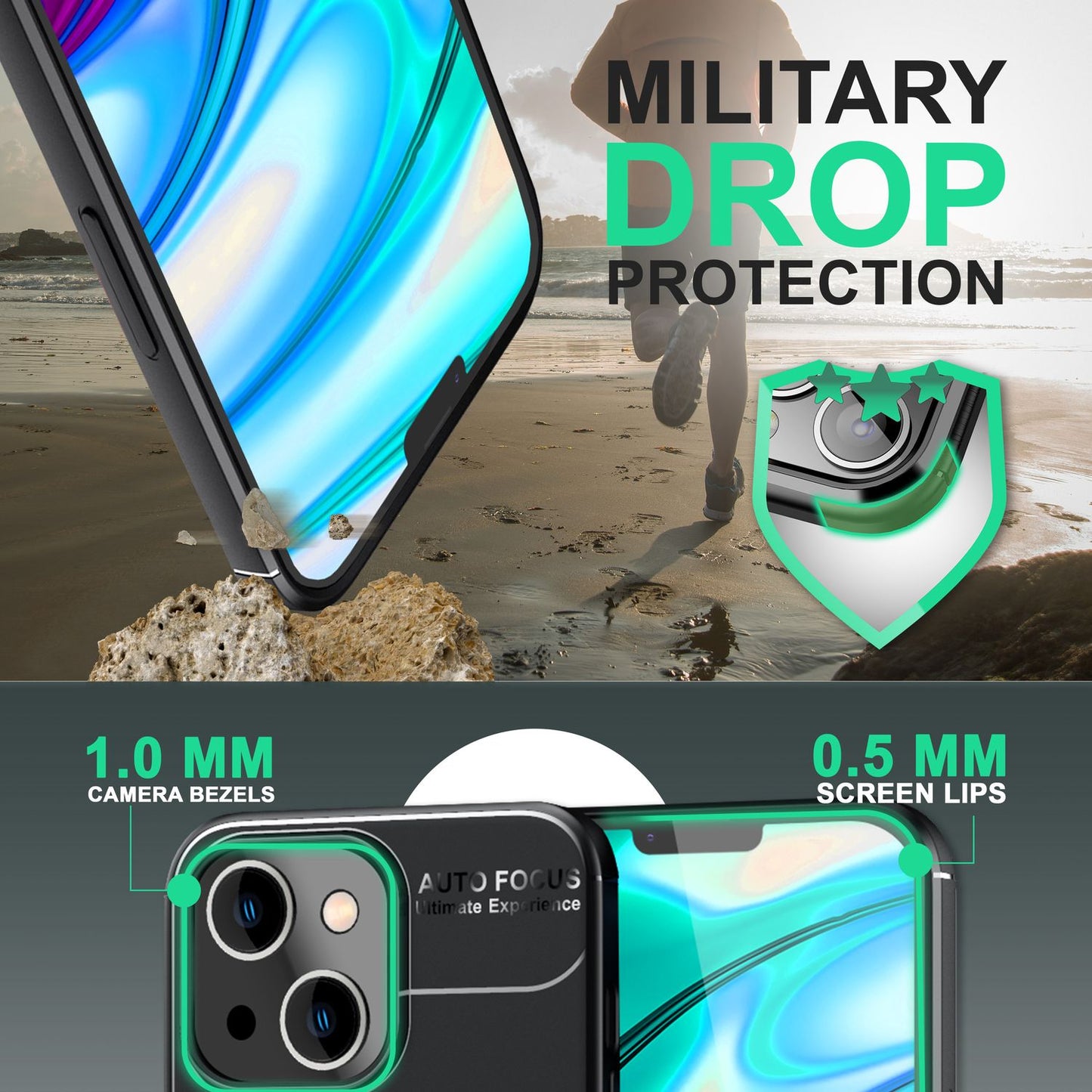 Hulstur fyrir iPhone 14 - Mattsvart hringlaga símahulstur með standi