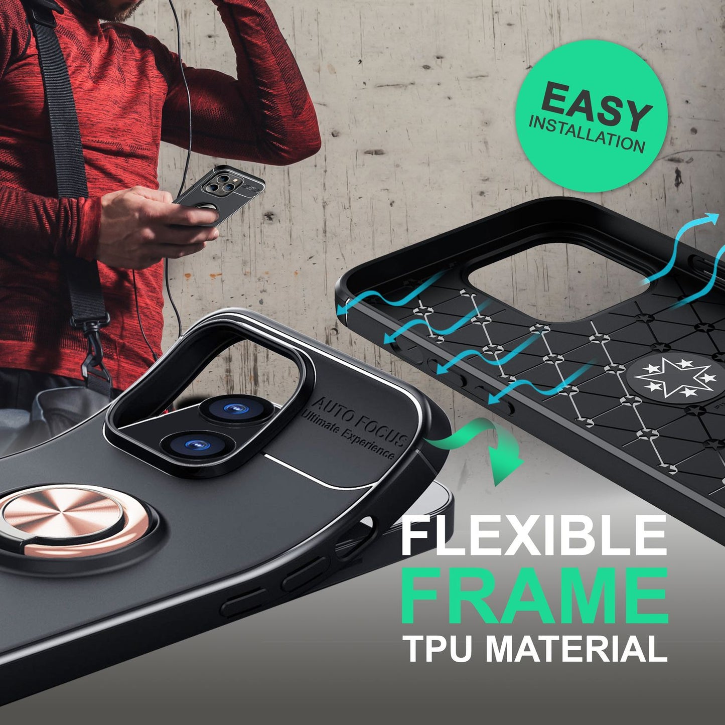 Hulstur fyrir iPhone 14 - Mattsvart hringlaga símahulstur með standi