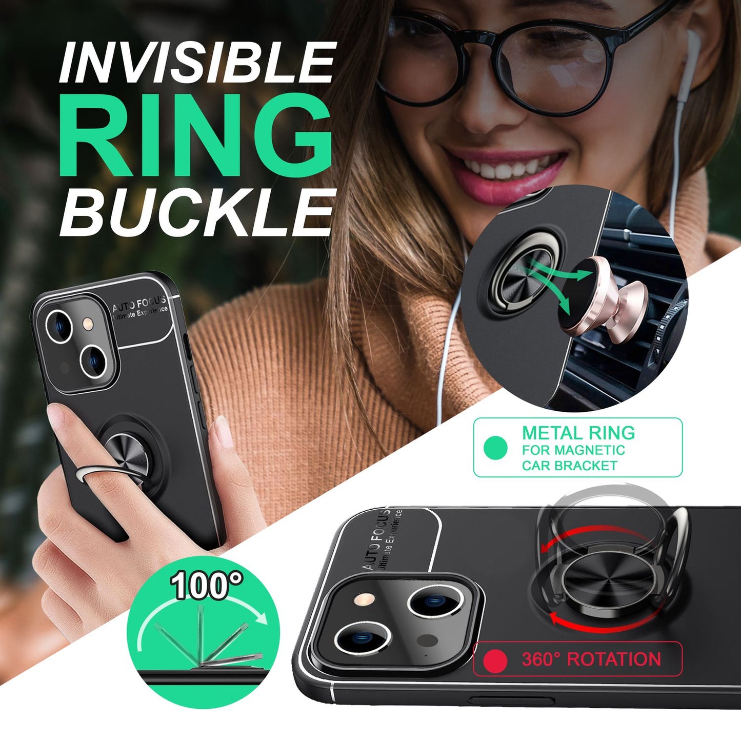 Case for iPhone 14 Plus - Matte Black Ring Phone Case Stand Cover