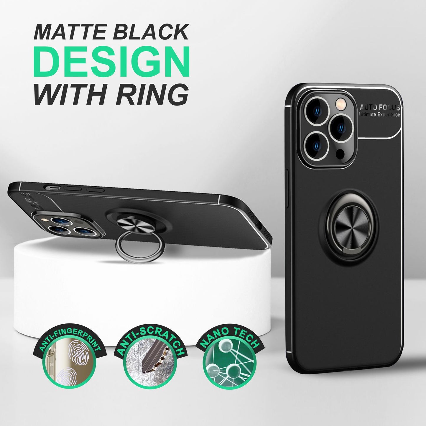 Case for iPhone 14 Pro - Matte Black Ring Phone Case Stand Cover