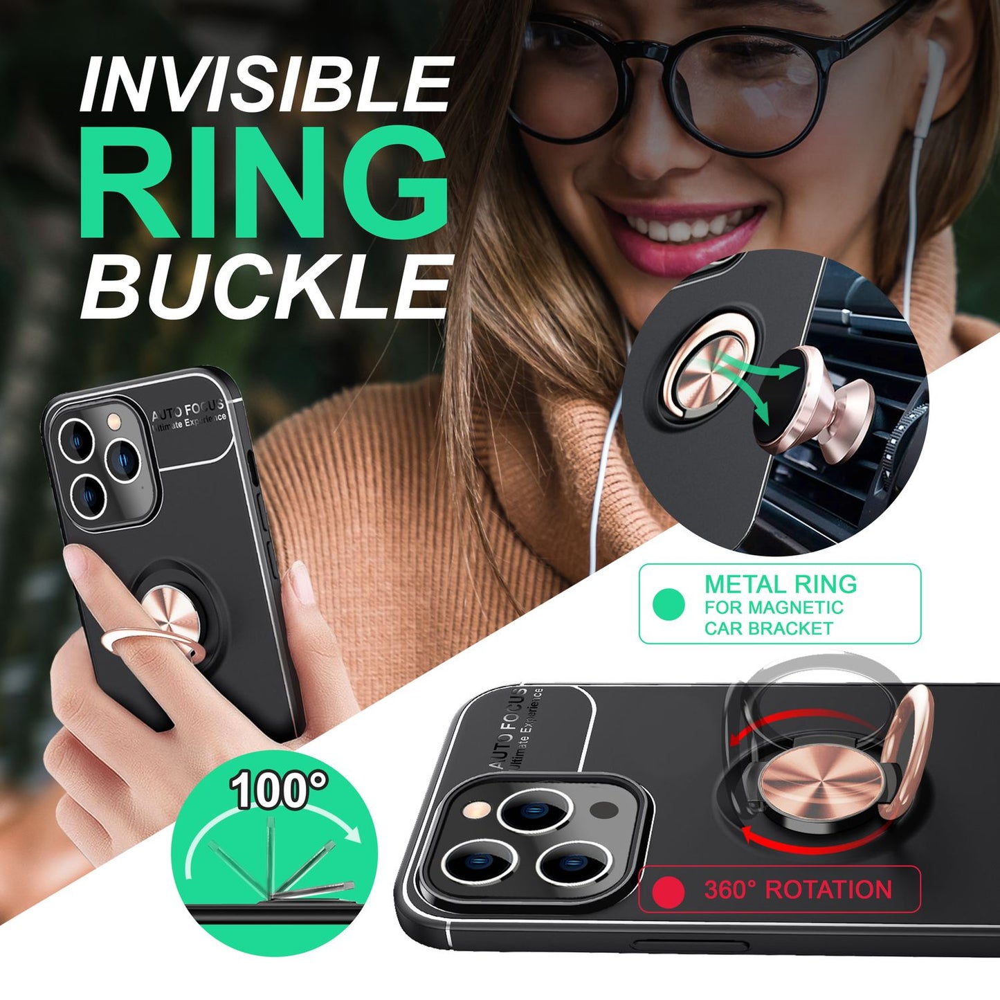 Case for iPhone 14 Pro - Matte Black Ring Phone Case Stand Cover