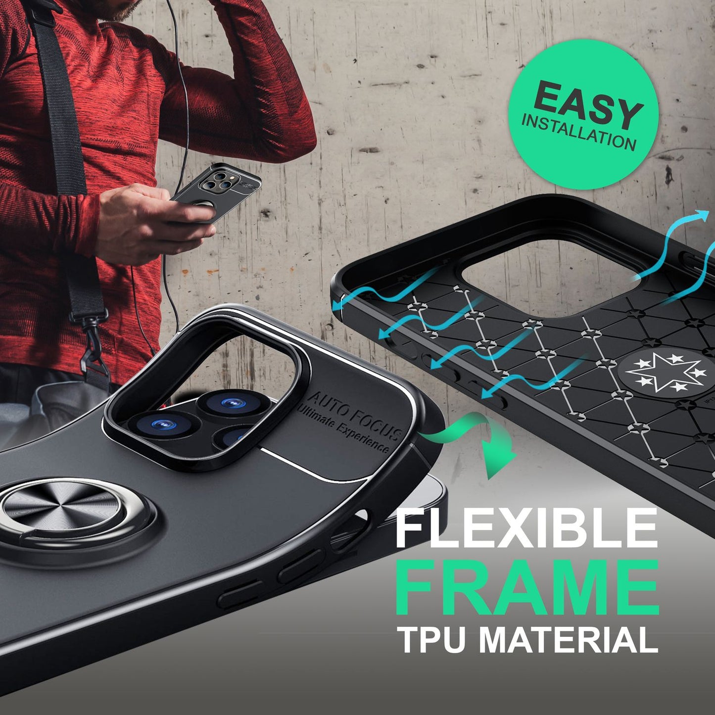 Case for iPhone 14 Pro Max - Matte Black Ring Phone Case with Stand