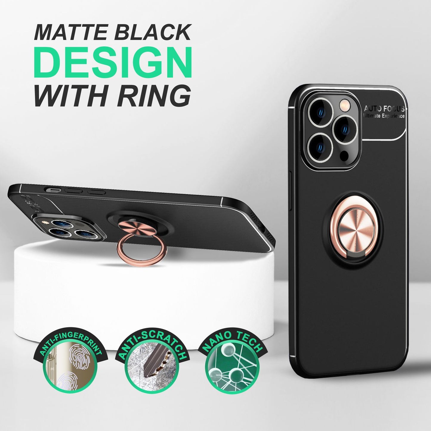 Case for iPhone 14 Pro Max - Matte Black Ring Phone Case with Stand
