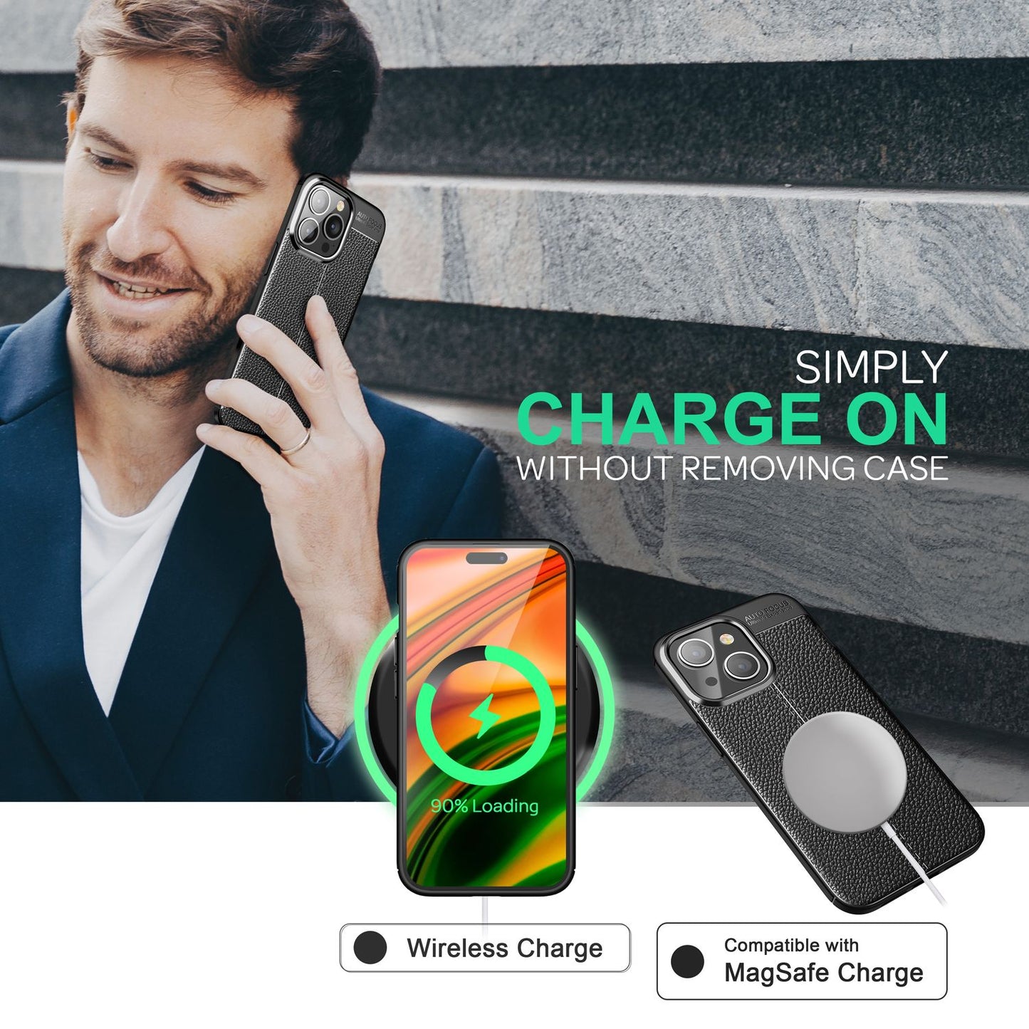 Hulstur fyrir iPhone 14 Pro - Leðurútlit Sílikon Símahulstur gegn fingrafara