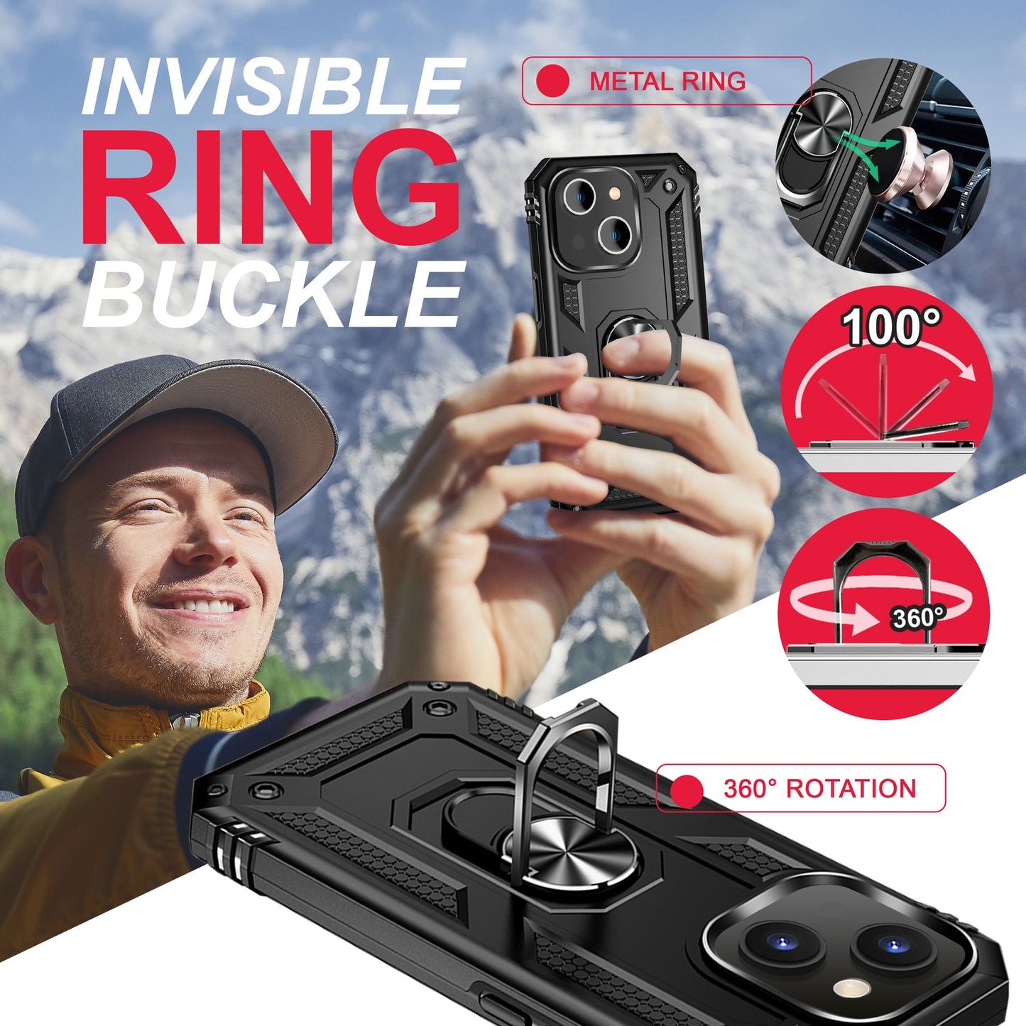 Ring Case for iPhone 14 - Military Protection Shockproof Outdoor Hard Case Stand