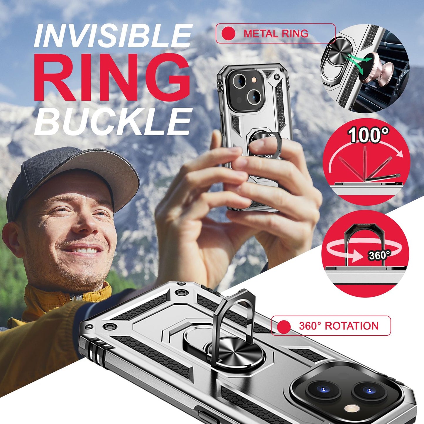 Ring Case for iPhone 14 - Military Protection Shockproof Outdoor Hard Case Stand