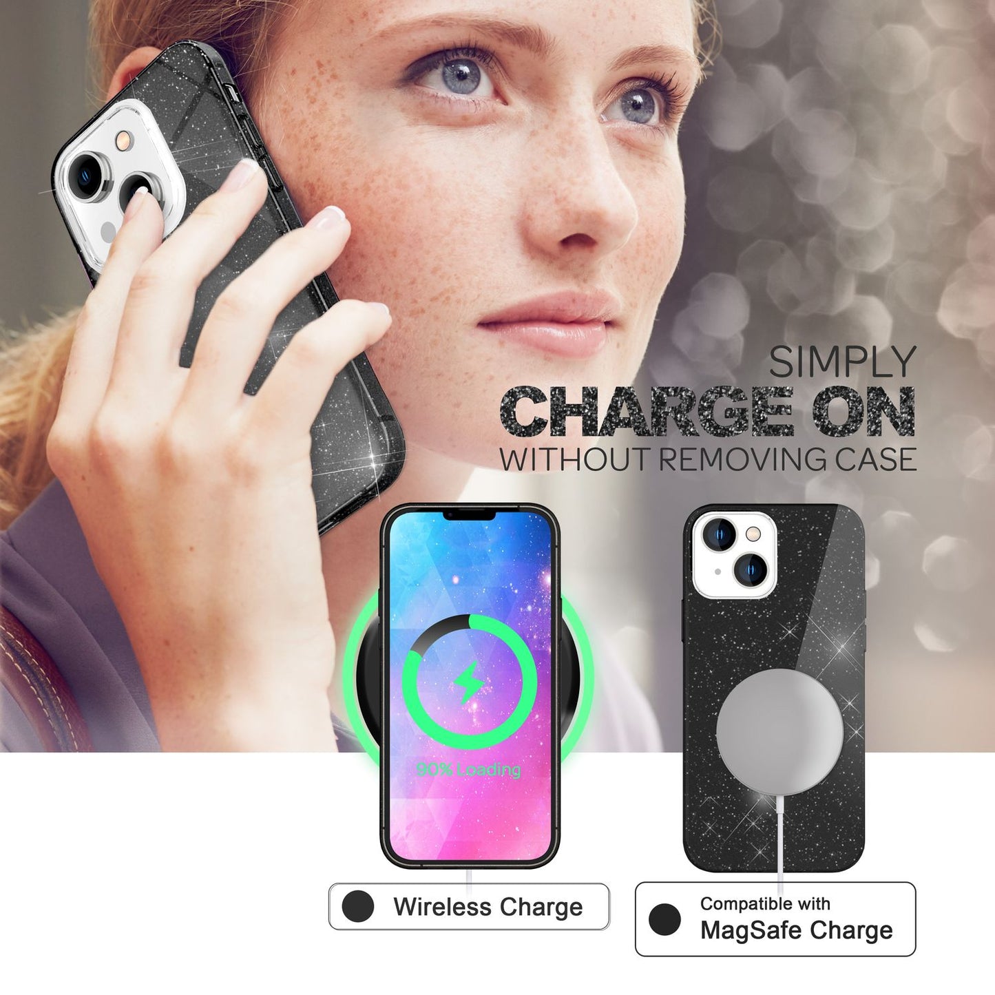 Hulstur fyrir iPhone 14 Plus - Glitrandi hulstur úr sílikoni með glitrandi glimmeri