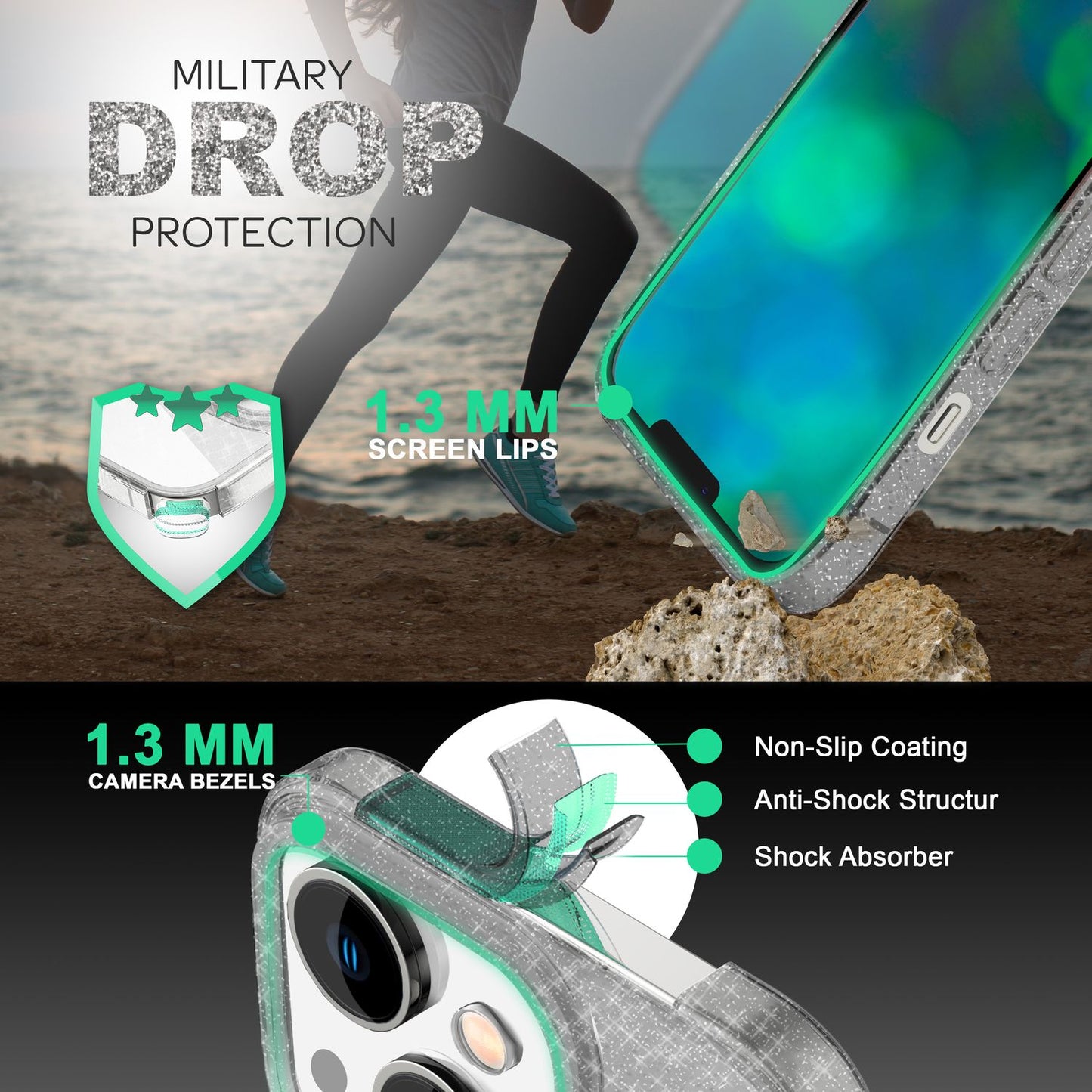 Glitter Phone Case for iPhone 14 Plus, Transparent Glitter Cover Case