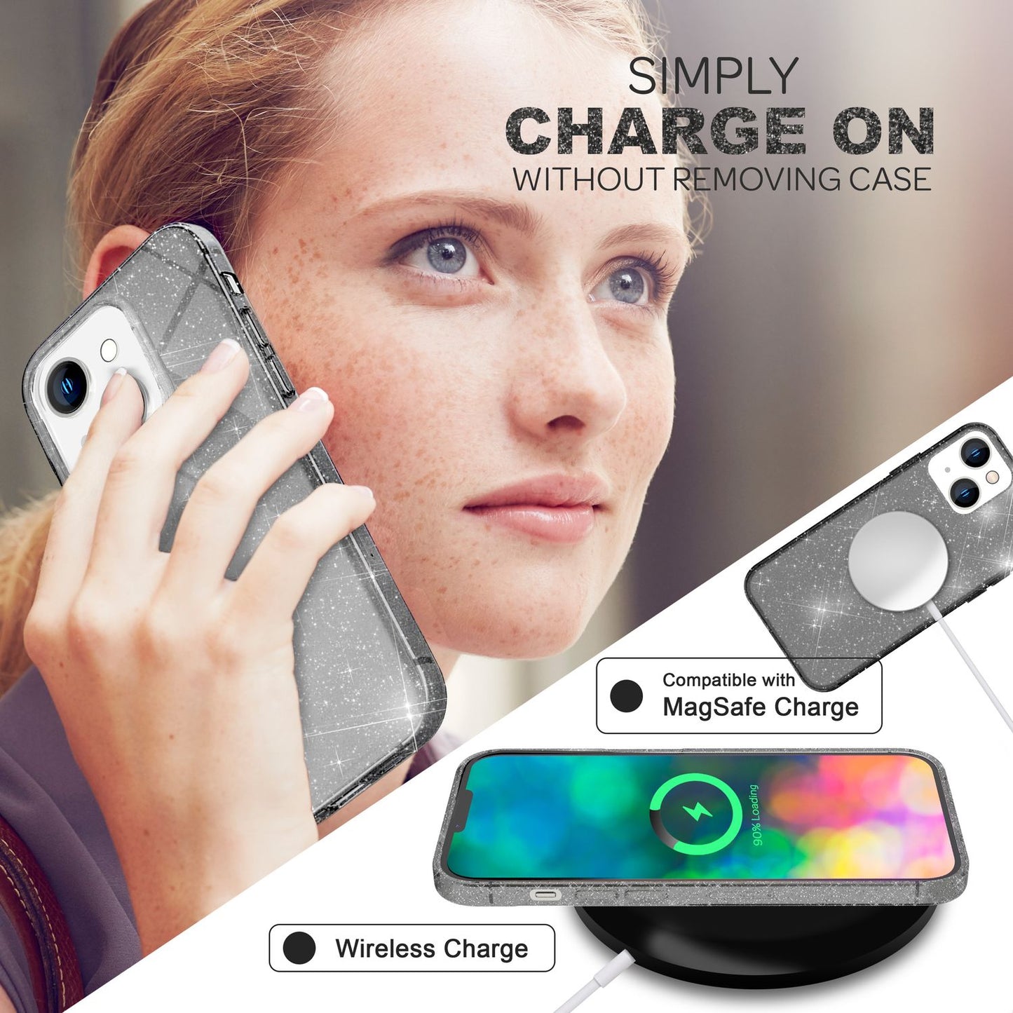 Glitter Phone Case for iPhone 14 Plus, Transparent Glitter Cover Case