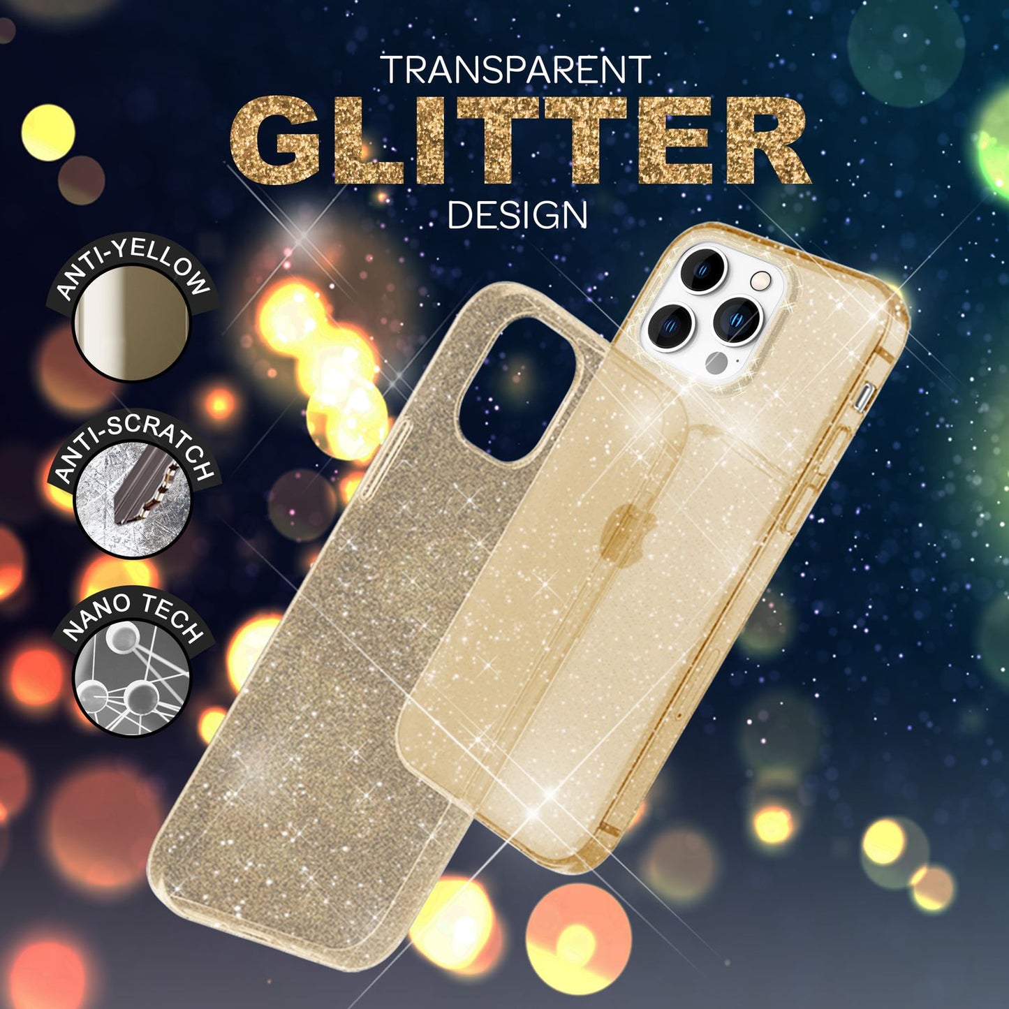 Case for iPhone 14 Pro - Glitter Phone Case, Transparent, Anti-Yellowing Glitter Case