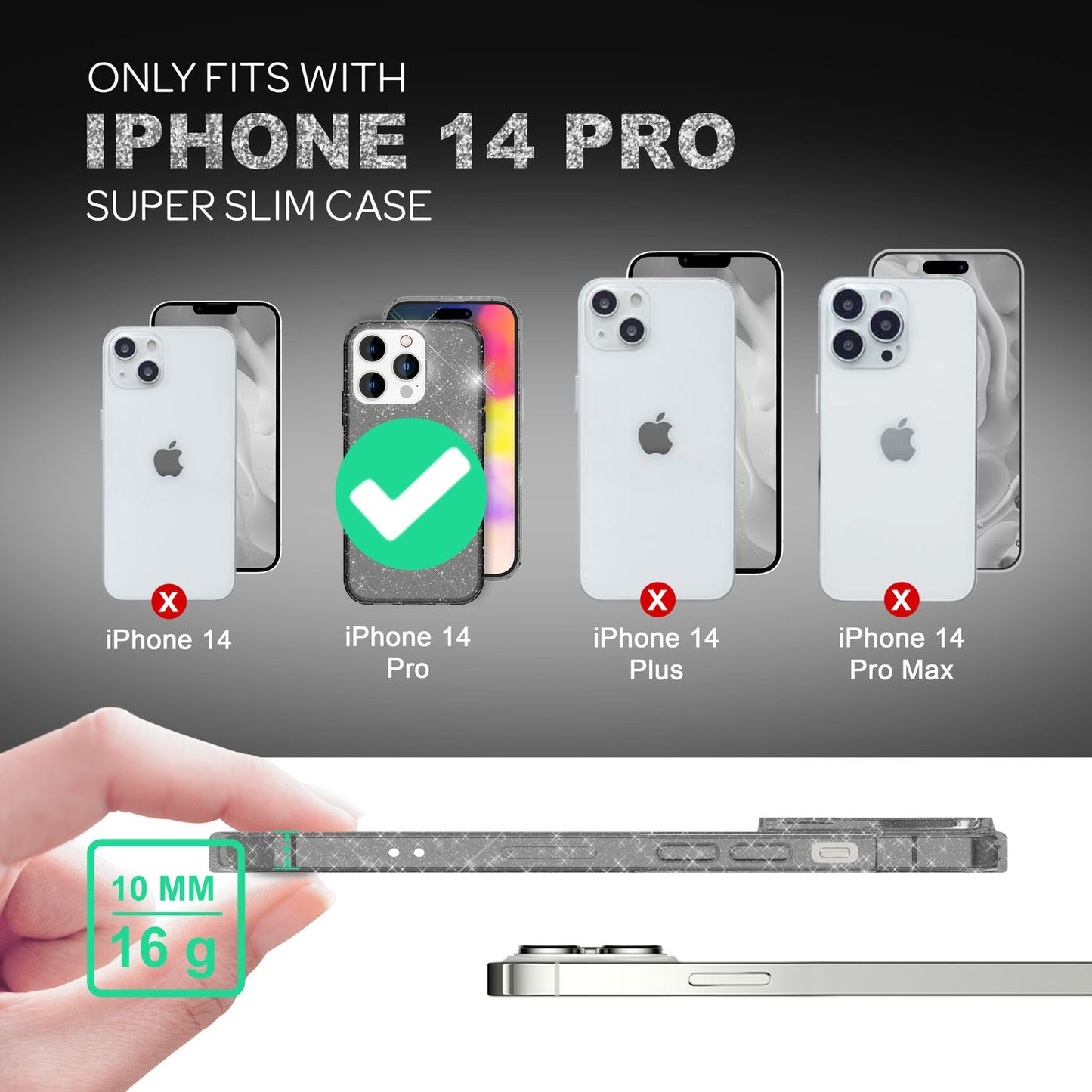 Case for iPhone 14 Pro - Glitter Phone Case, Transparent, Anti-Yellowing Glitter Case