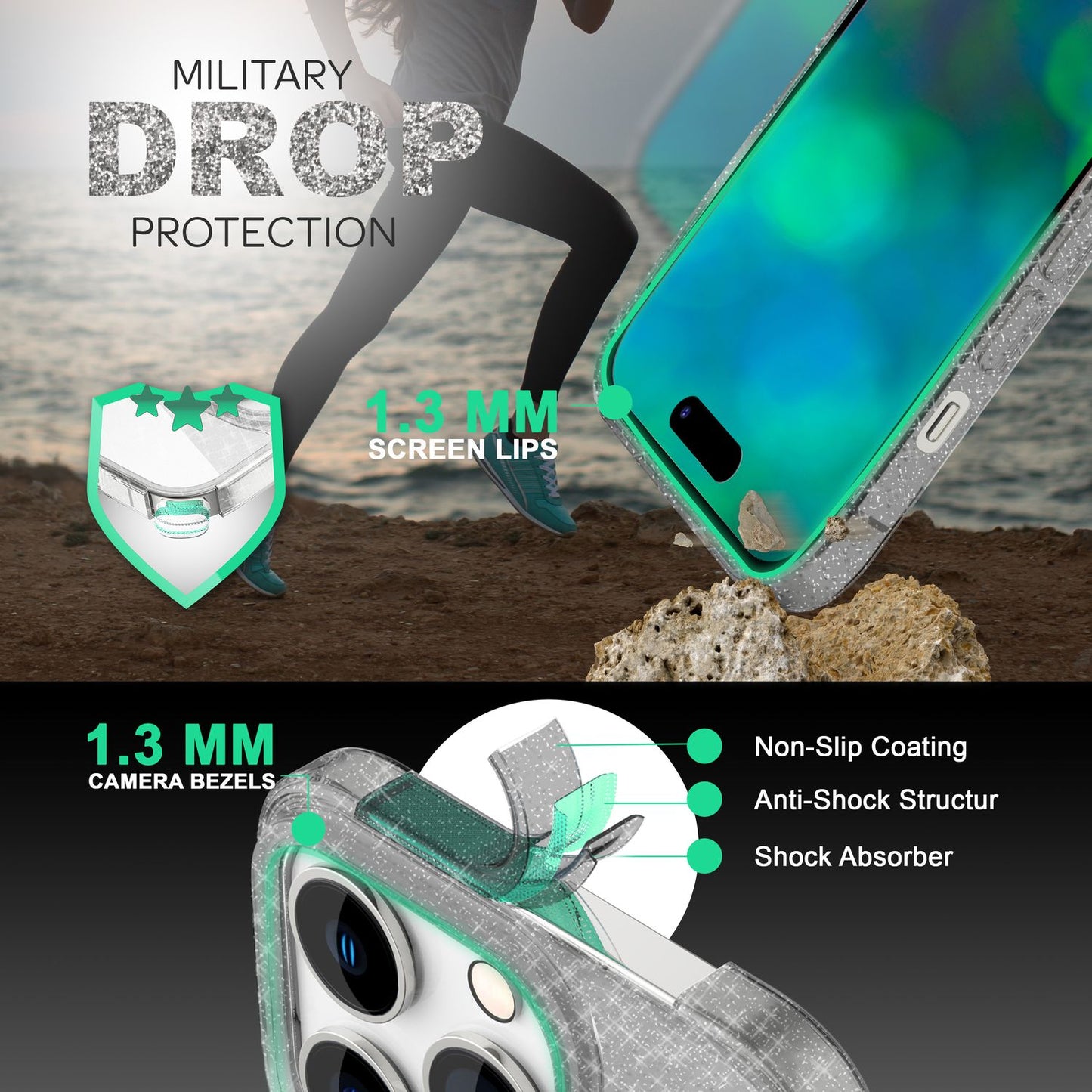 Case for iPhone 14 Pro Max - Glitter Phone Case, Transparent Bling Glitter Case