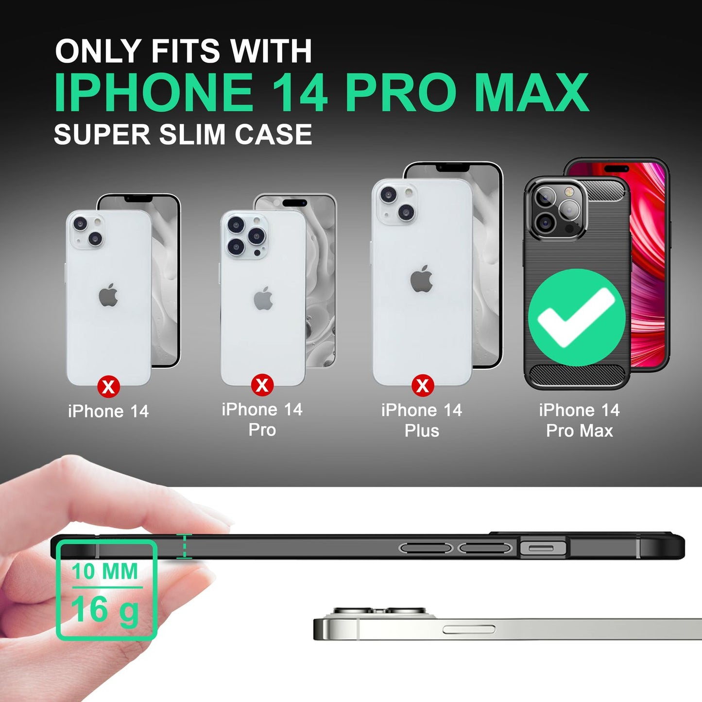 Hulstur fyrir iPhone 14 Pro Max - Mattsvart TPU símahulstur úr kolefnisútliti og með góðu gripi