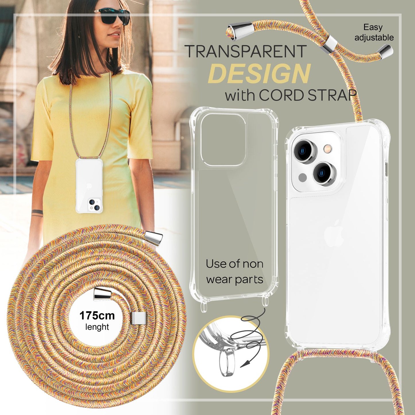 iPhone 14 Case with Chain - Clear Phone Case with Cord Strap for Wearing Around Your Neck