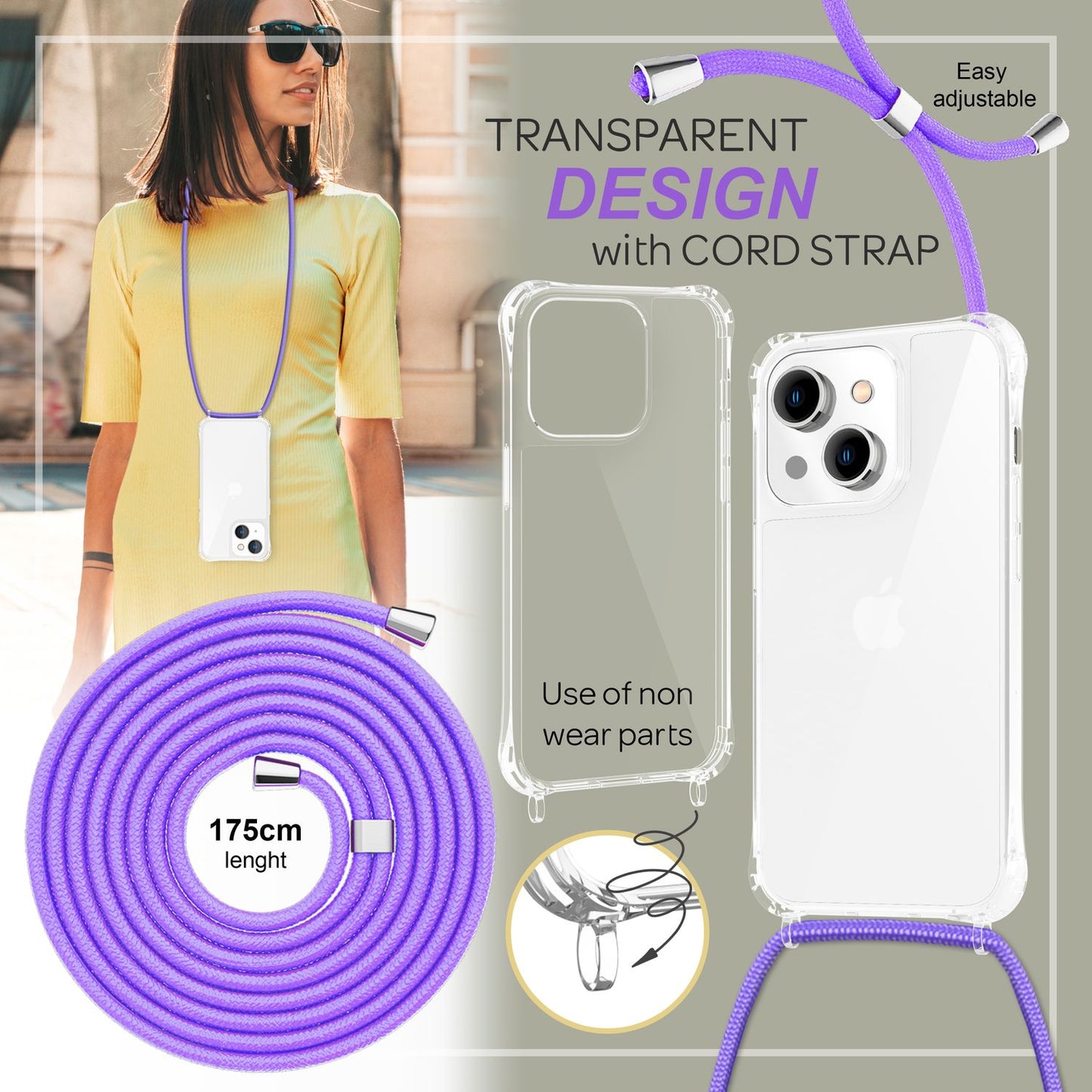 iPhone 14 Case with Chain - Clear Phone Case with Cord Strap for Wearing Around Your Neck
