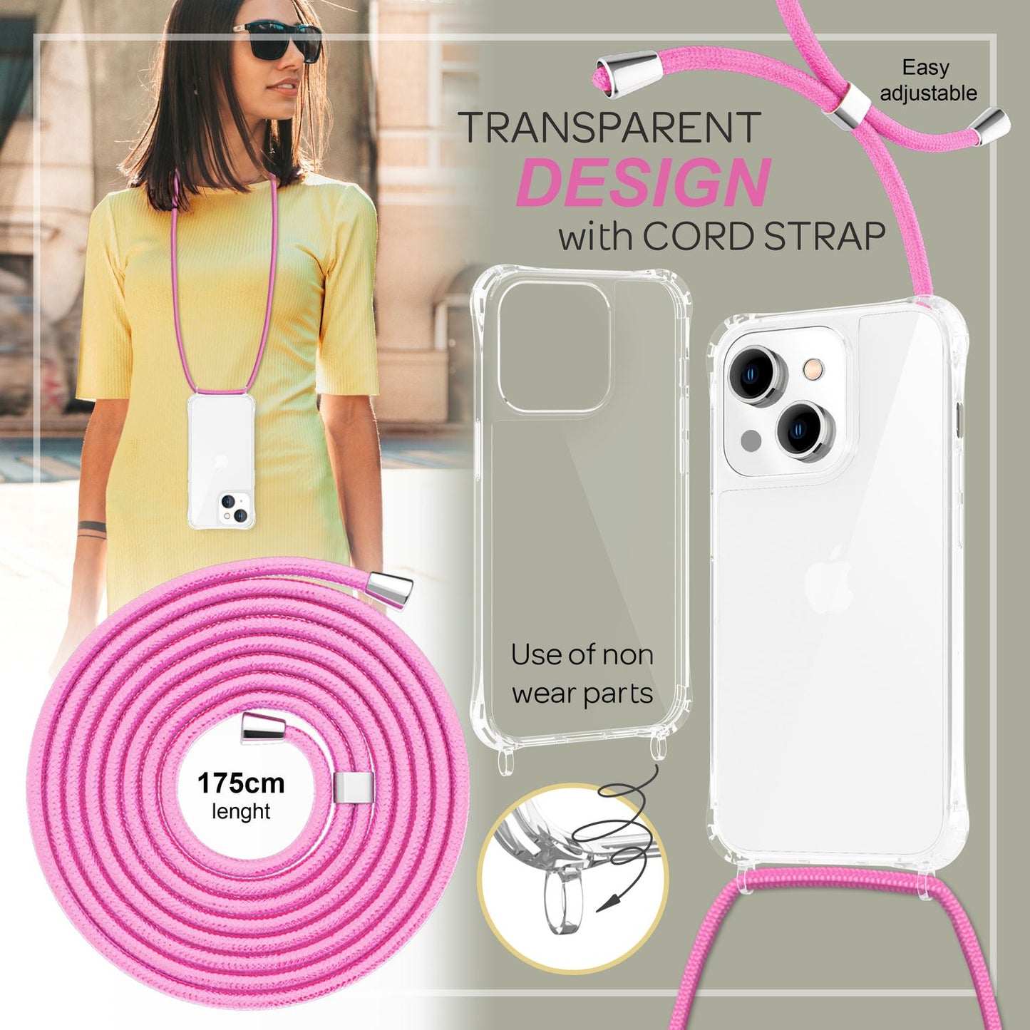 iPhone 14 Case with Chain - Clear Phone Case with Cord Strap for Wearing Around Your Neck